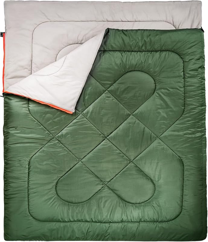 Amazon Basics Saco de dormir doble para adultos, bolsa de camping para dos personas en clima frío de 40 °F, tamaño Queen 87" x 59", verde oliva