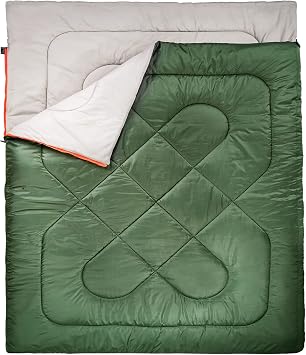 Amazon Basics Double Sleeping Bag for Adults, 40F Cold Weather Two-Person Camping Bag, Queen Size 87" x 59", Olive Green