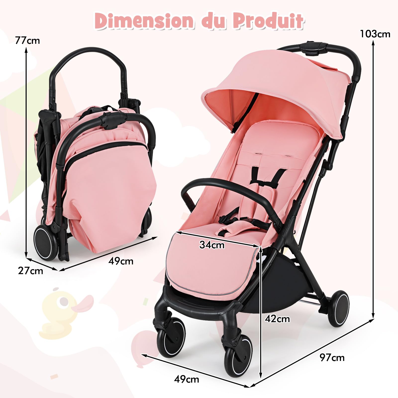 COSTWAY Poussette Canne Bébé 0-3 Ans(Charge 15 kg) avec Dossier & Repose-pieds Réglables, Pliable à une Main, Pousette Légère et Compacte en Aluminium avec Auvent & Frein, Harnais à 5 Points, Rose