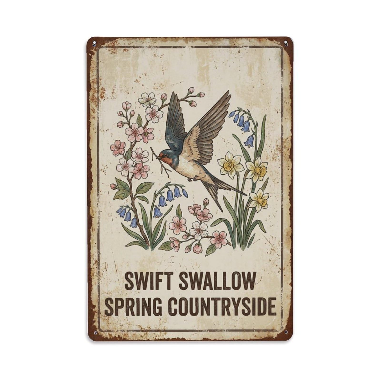 Fqnyr Style Swift Swallow Spring Countryside Nest Metal Tin Sign Plaque Wall Decor For Cafe, Club Bar, Office, Home Garden Metal Poster 8X12inch