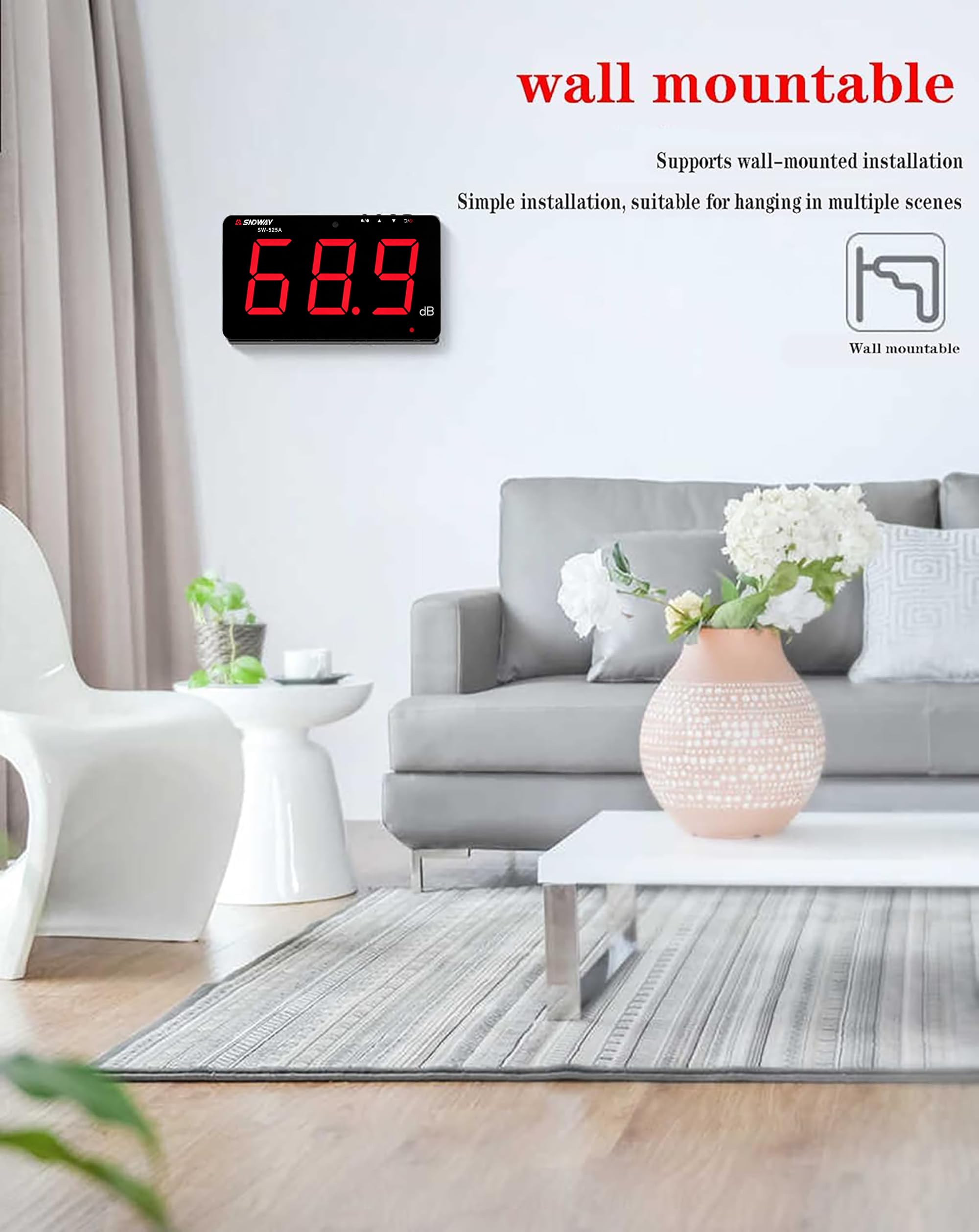 SNDWAY SW-525A Digital Sound Level Meter Noise Decibel Meter 30~130db Large Screen Display Wall Hanging Type — Amazon image 3