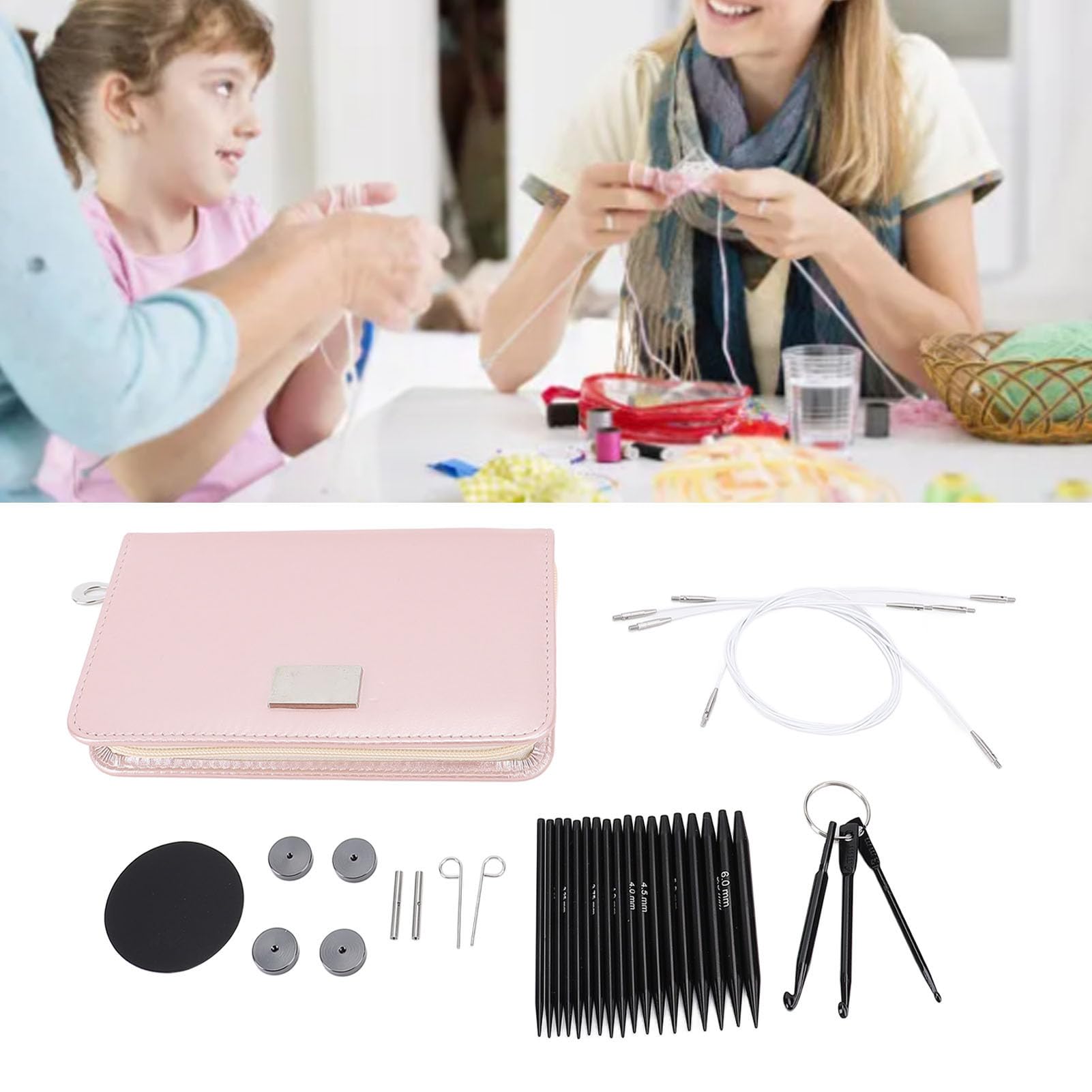 Smandy Juego de Agujas de Tejer Circulares Extraíbles, Agujas Circulares de Aluminio con 9 Pares de 3,0 Mm a 6,0 Mm, Mangos y Cables Ergonómicos Recubiertos de Negro para la Mayoría de los Grupos de