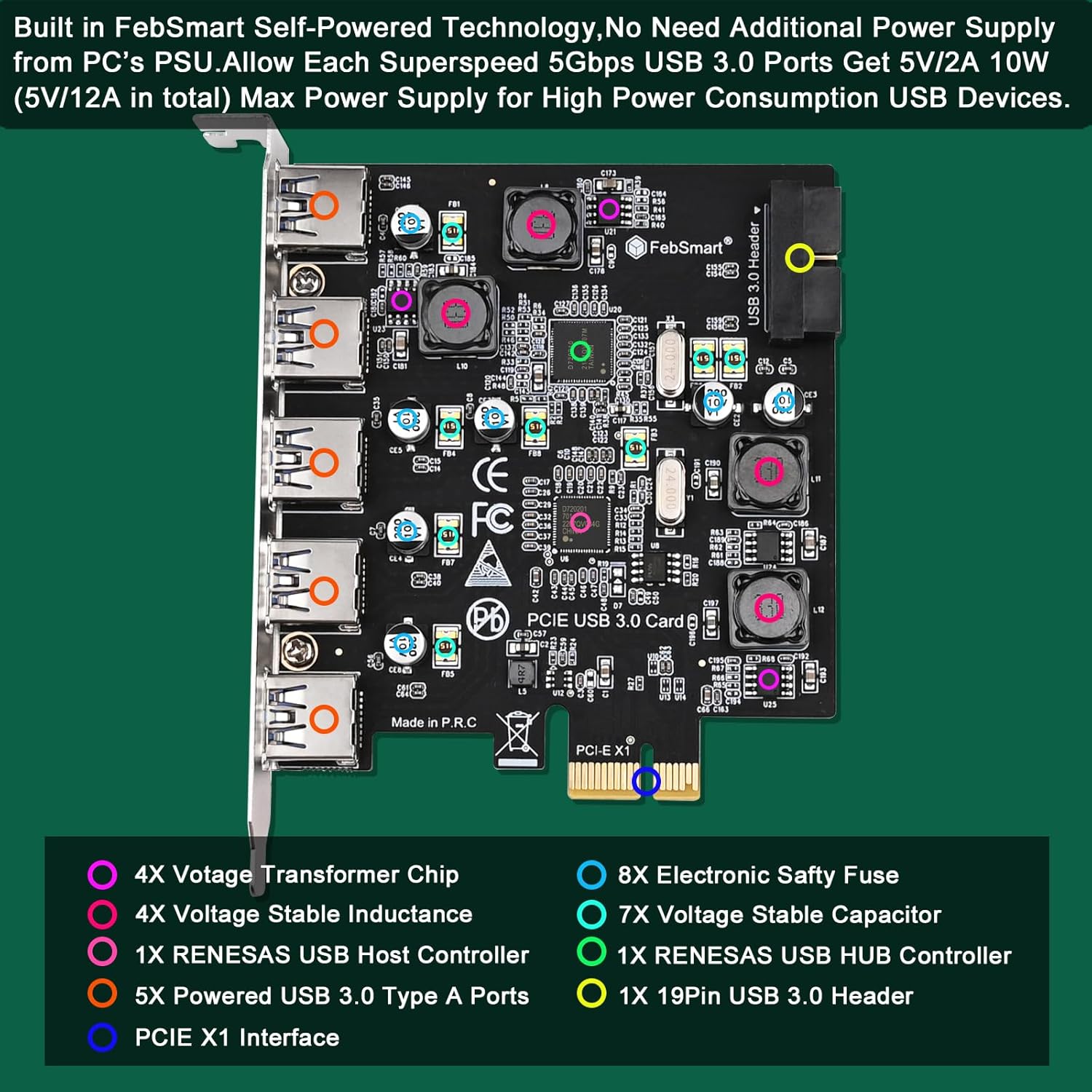 FebSmart 7-Ports Superspeed 5Gbps PCIE USB 3.0 Expansion Card For Windows 11 10 8 X 7 Vista Xp Desktop Pcs Built In Febsmart Self Powered Technology No Need Additional Power Supply Fs U7 Pro - View #7