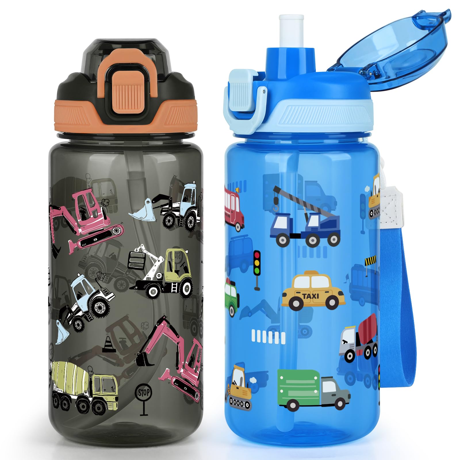 wooshwa Kids Water Bottle for School, 2-Pack 600ml Leakproof 2-in-1 Water Bottle with a Pop-up Detachbale Straw, Dishwasher Safe (Construction Truck/Transportation) โ image 1