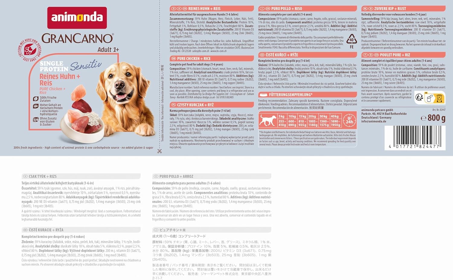 animonda Grancarno Nourriture Humide pour Chien Sensitiv Poulet Pur + Riz (6 x 800 g), sans céréales, sans Sucre, pour Chiens Adultes, avec ingrédients charnus Frais