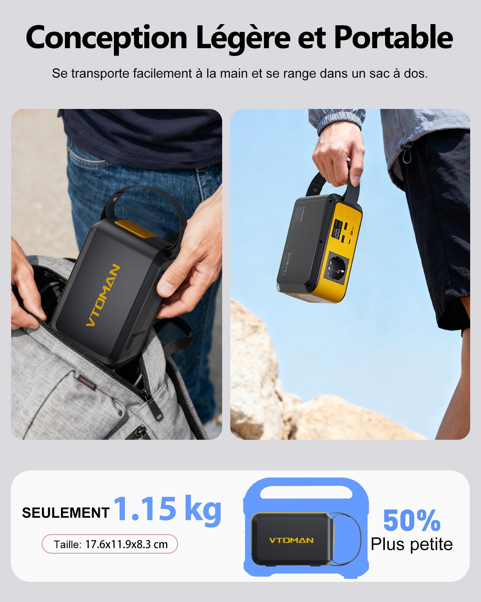 VTOMAN Jump 100 station portable, 89,6Wh LiFePO4, 100W CA charge PD 65W | Cellules LiFePO4 sûres durables, charge multi-appareils, design compact, camping et secours