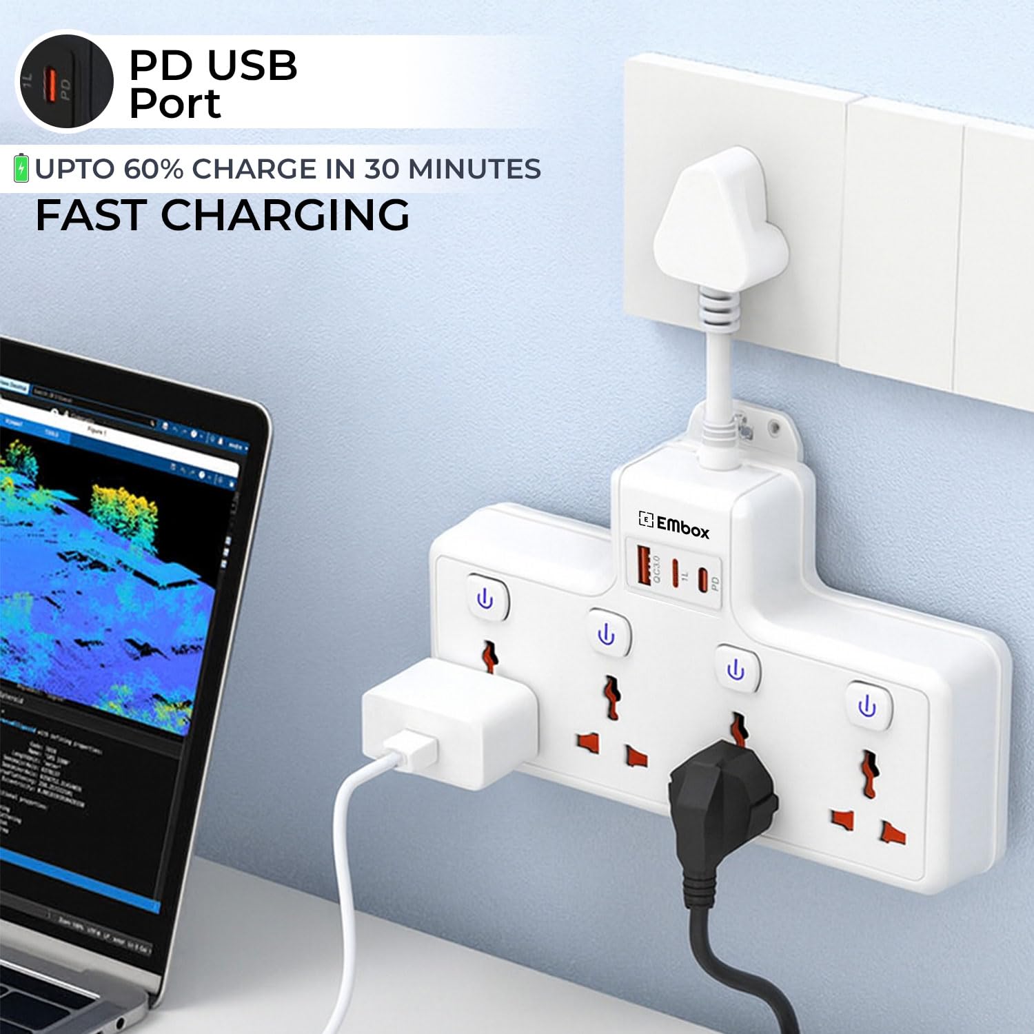 Embox 20W Multi Plug Adapter Type-C PD Fast Charging| Extension Board with USB C & Switches (QC3.0) | Multiplug Socket with 4 Universal Sockets 2Type-A & 1Type-C Ports | White 1
