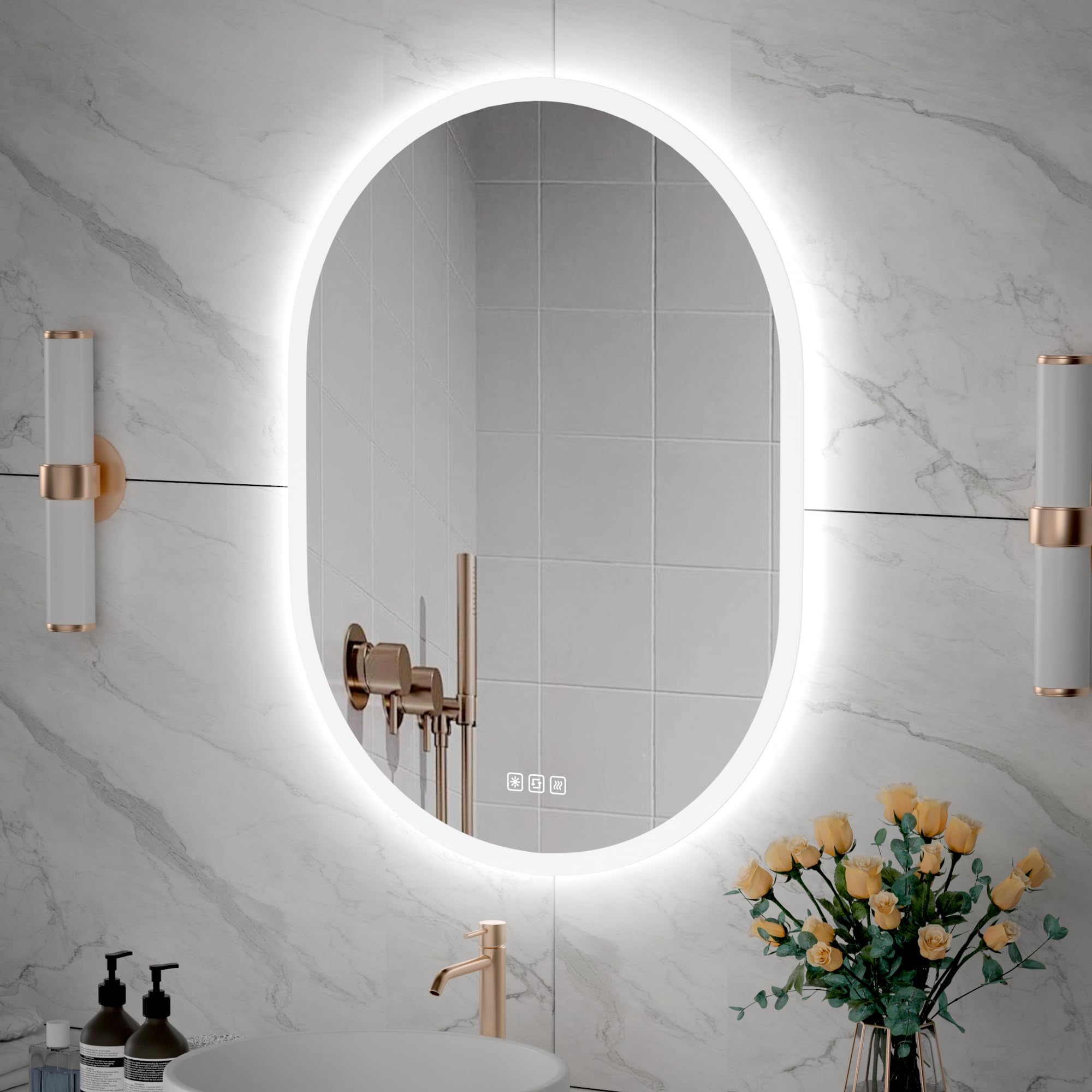 furduzz Oval LED Bathroom Mirror 500x700mm, Bathroom Wall Mounted Vanity Mirror with Touch/Demister/3 Colour Dimmable, Horizontal/Vertical