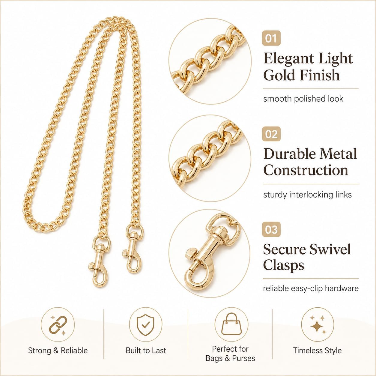 Bag Chain Strap for Handbag Replacement, Extender Chain Fit for Coach Bags and More, Light Gold Crossbody Strap(Style-S, L 47 Inches)