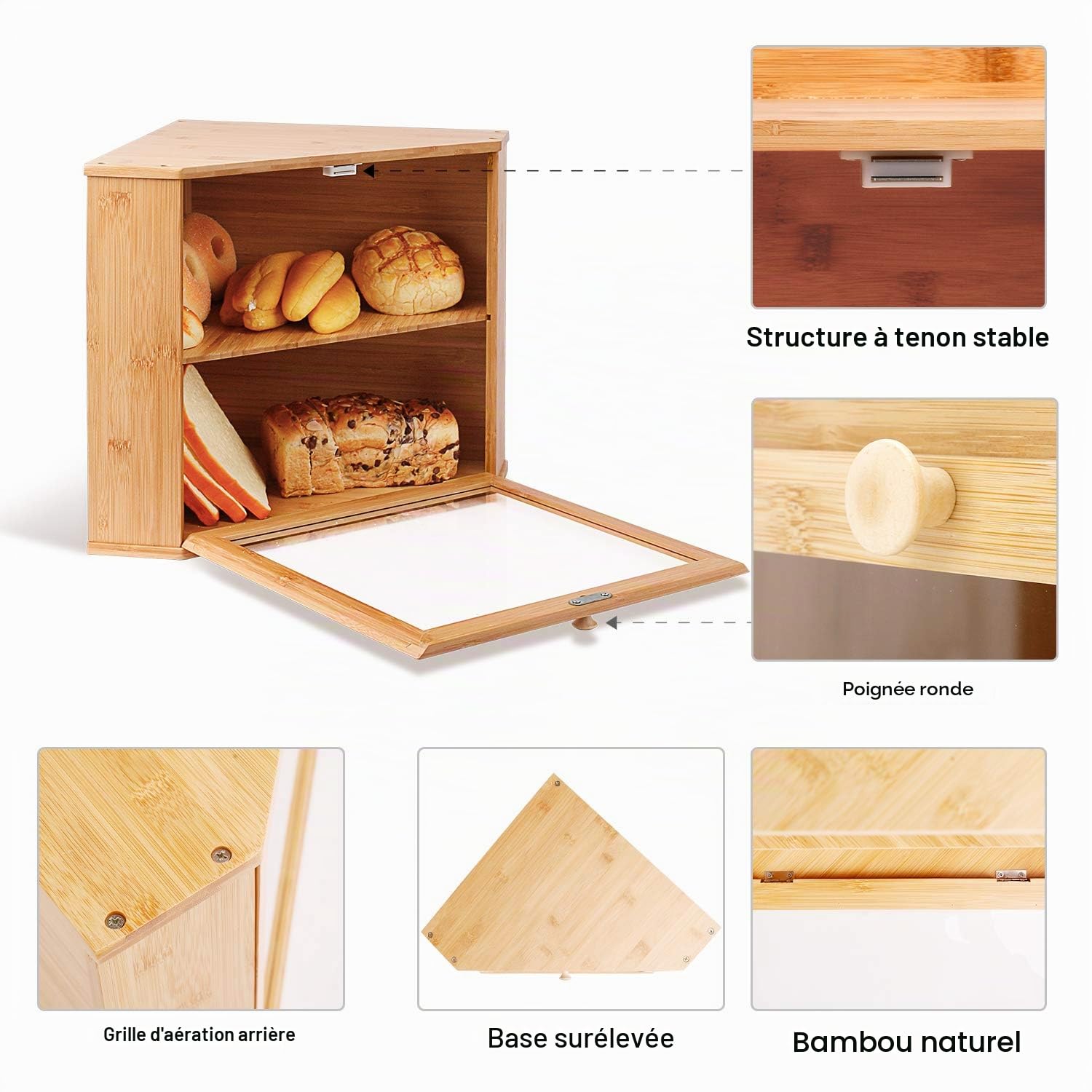 Leader Accessories Boîte à Pain en Bambou 2 Étages d’Angle | Boîte à pain en bambou à 2 étages, design d’angle compact pour pains, baguettes et viennoiseries