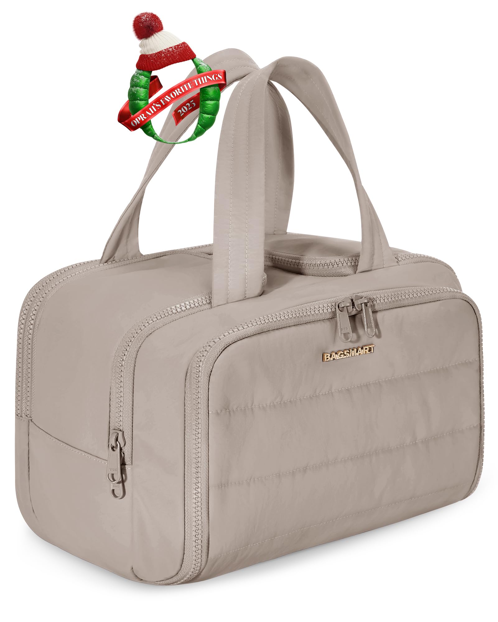 BAGSMART Travel Toiletry Bag, Crush Toiletry Bag for Women, Wide-open Puffy Toiletry Bags for Traveling, Large Travel Cosmetic Makeup Bag Organizer for Accessories,Toiletrie, Grayish Brown