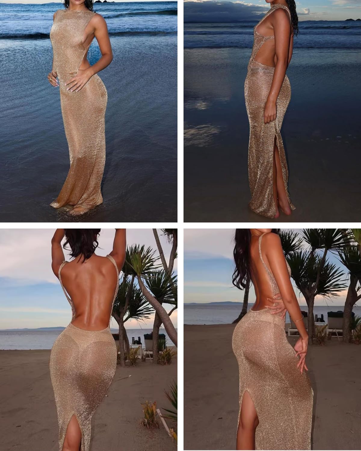 RARITYUS Women's Sexy Open Back Beach Cover Up Dress Glitter Sheer Mesh Maxi Dress Sleeveless Party Vacation Dresses
