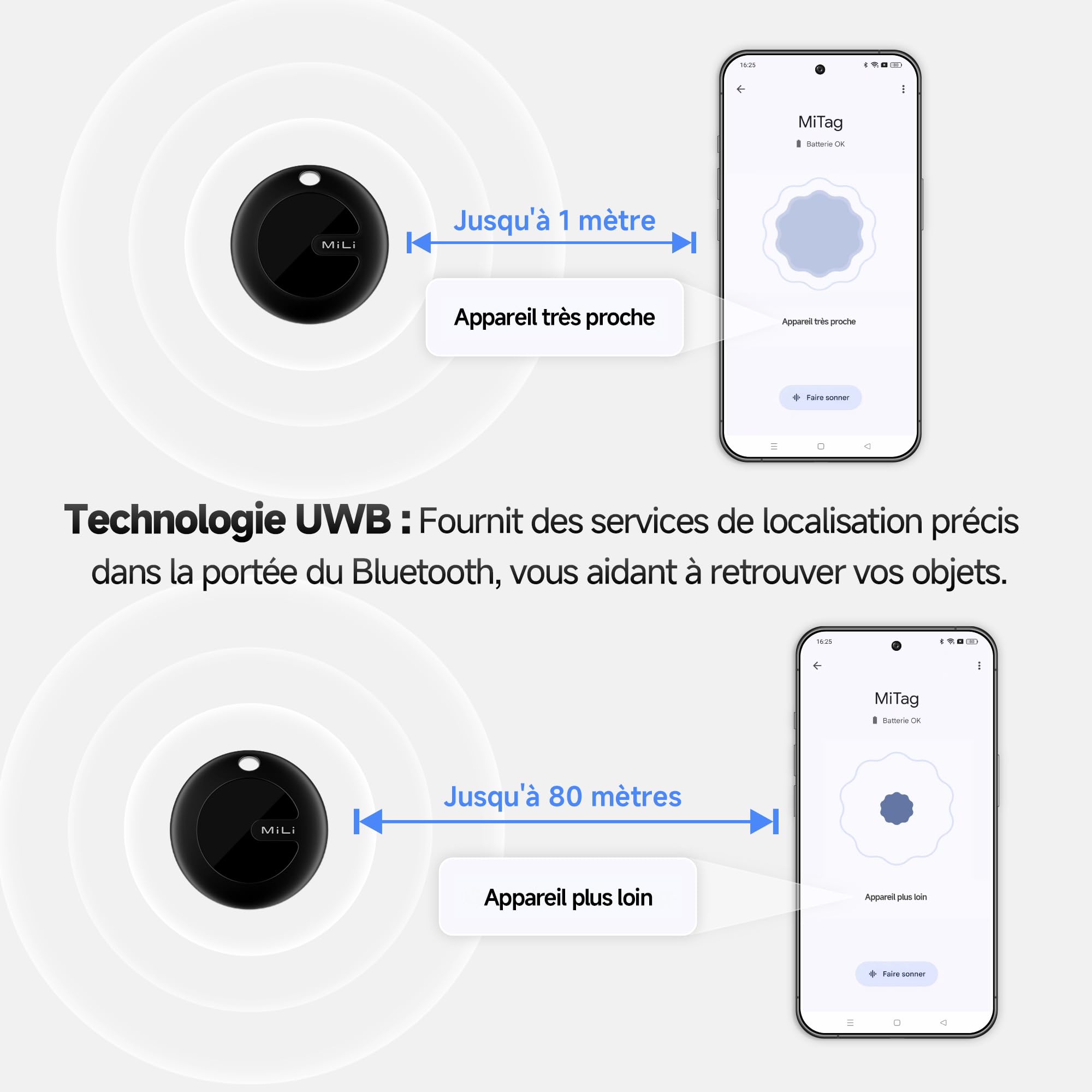 MiLi MiTag Traceur Localisateur D’Objets Bluetooth, Fonctionne avec l’app Google Localiser (Uniquement Android), Batterie Remplaçable, IP67 Imperméable, pour Les clés/Portefeuilles/valises, 4-Pack