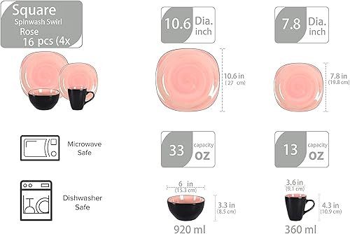 Miniatura 2 de Juego de vajilla de cerámica de 16 piezas en forma cuadrada, interior con remolino rosa de Spinwash + exterior negro