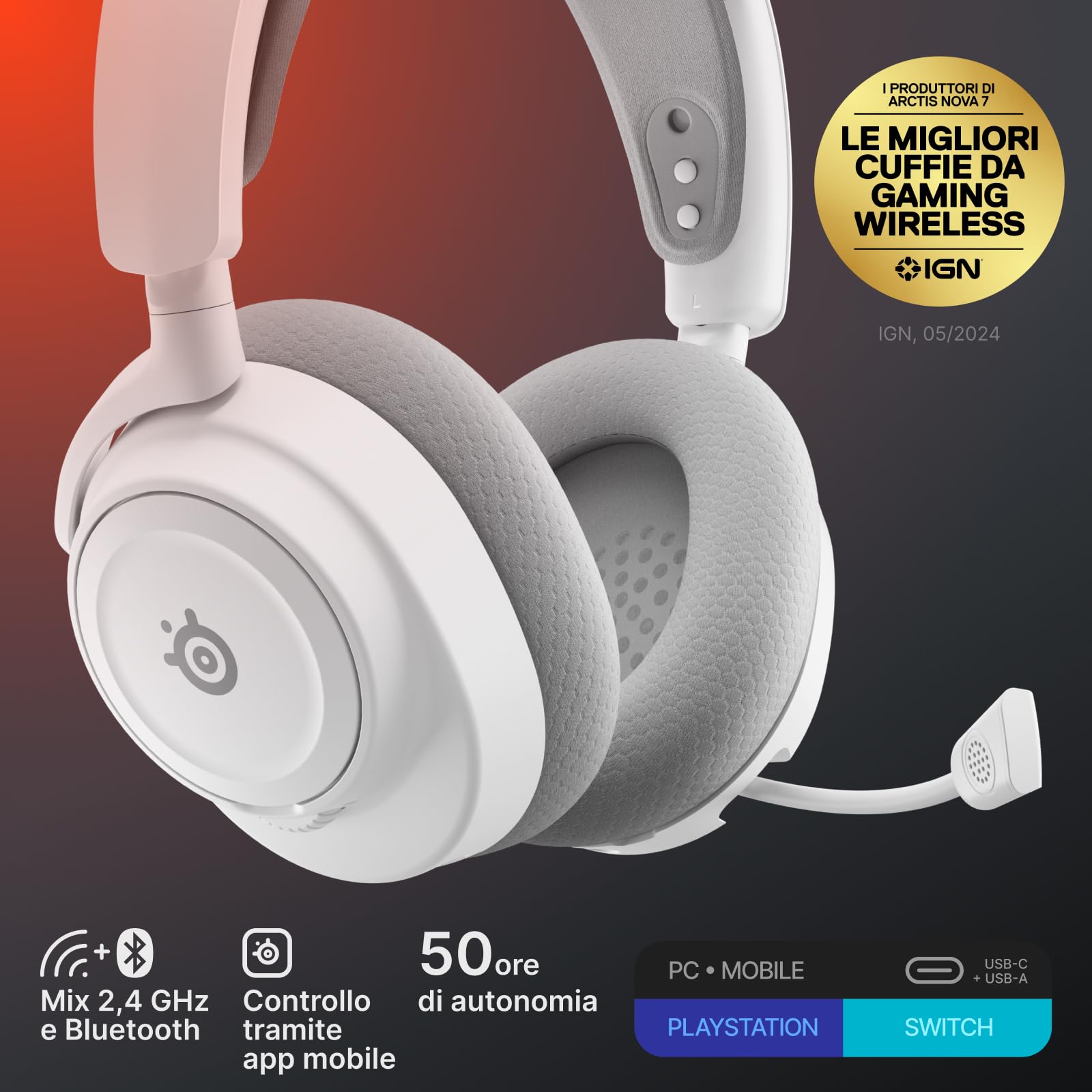 SteelSeries Arctis Nova 7 Wireless Gen 2 - cuffie da gioco - Controllo app in tempo reale - Oltre 50 h - Driver magnetici al neodimio - Mixabile 2,4 GHz/Bluetooth - PC, PS5, PS4, Switch 1/2, Mobile