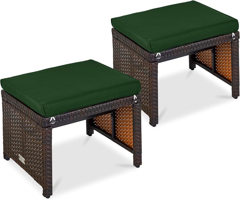 Best Choice Products Juego de 2 otomanos de mimbre, muebles de exterior multiusos para patio, patio trasero, asiento adicional, reposapiés, mesa auxiliar con cojines extraíbles, estructura de acero, verde medianoche/marrón