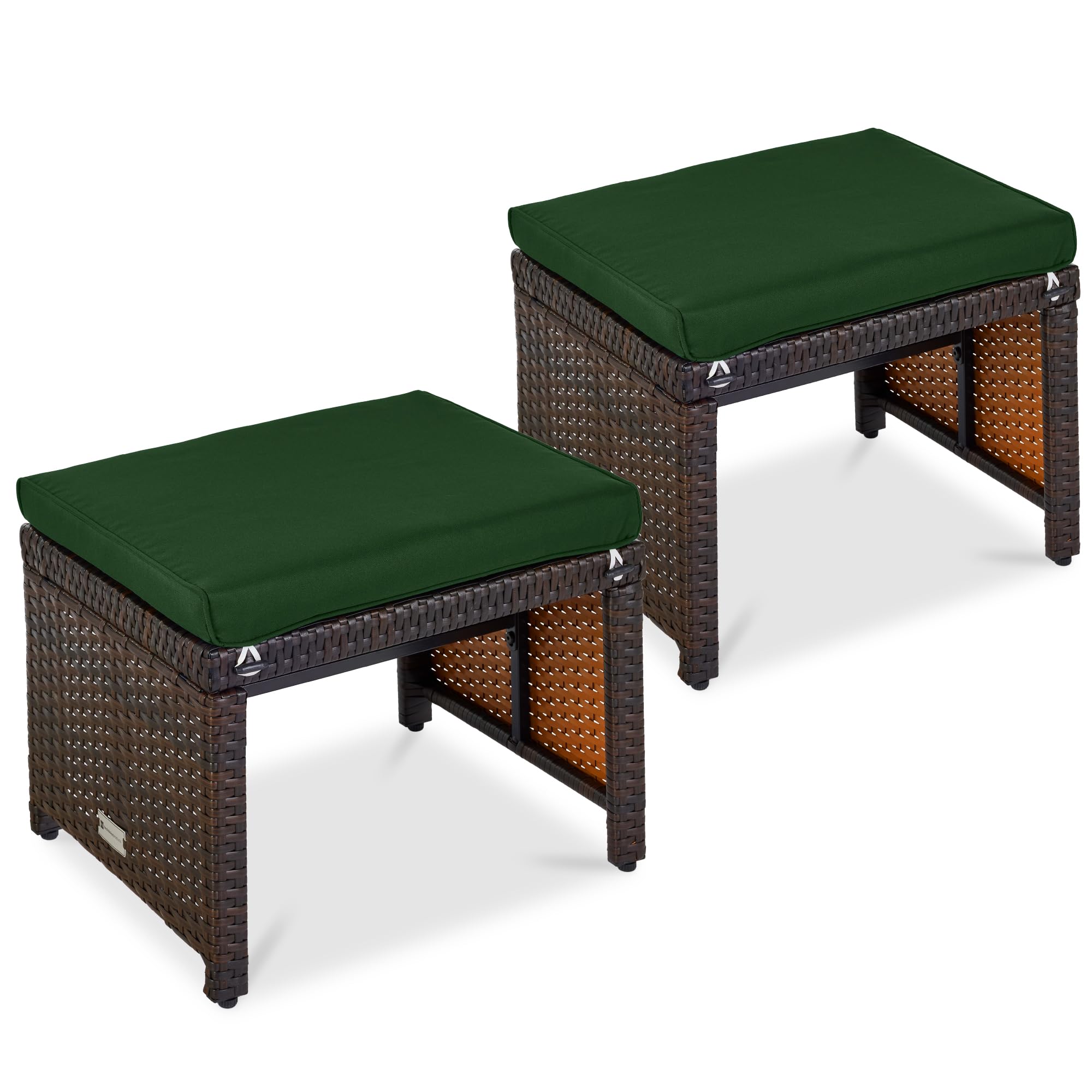 Best Choice Products Set of 2 Wicker Ottomans, Multipurpose Outdoor Furniture for Patio, Backyard, Additional Seating, Footrest, Side Table w/Removable Cushions, Steel Frame - Midnight Green/Brown - patio seating | Mubboo