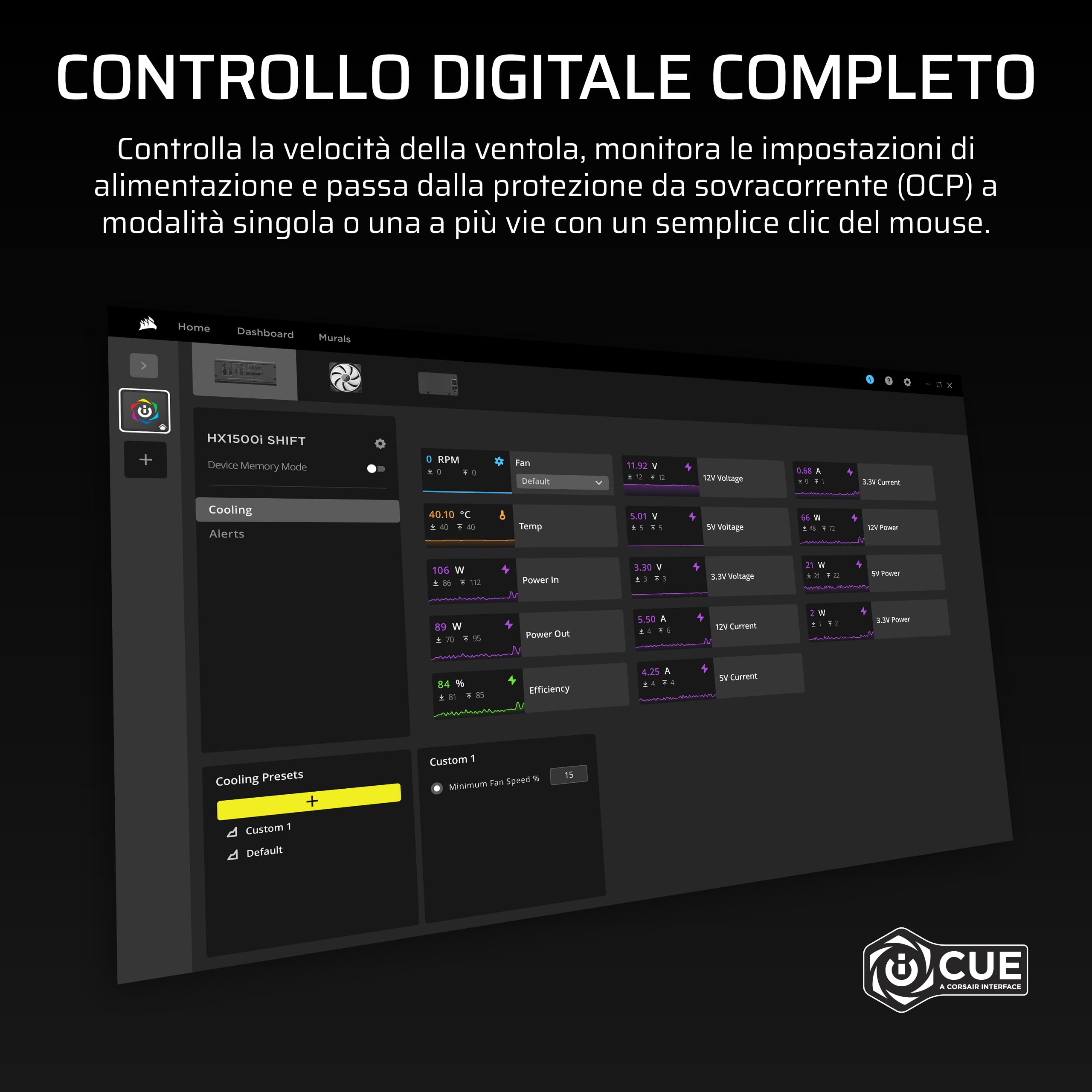 CORSAIR HX1500i SHIFT Alimentatore ATX completamente modulare – Nero | Hub di sistema iCUE LINK integrato, doppi cavi nativi 12V 2x6, ATX 3.1 e PCIe 5.1, Cybenetics Platinum