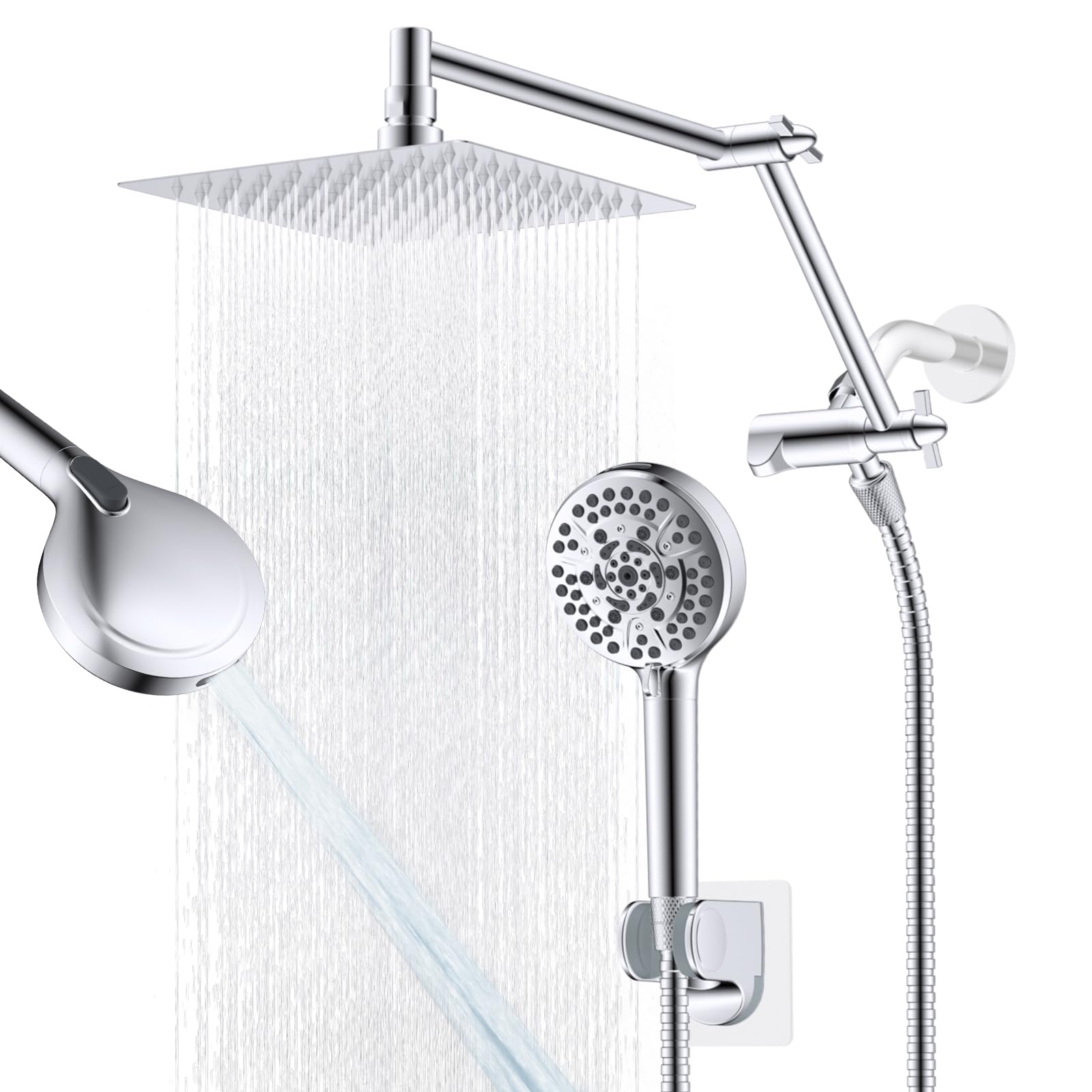 Metal Rain Shower Head with Handheld, 8“ High-Pressure Showerhead,10-Mode