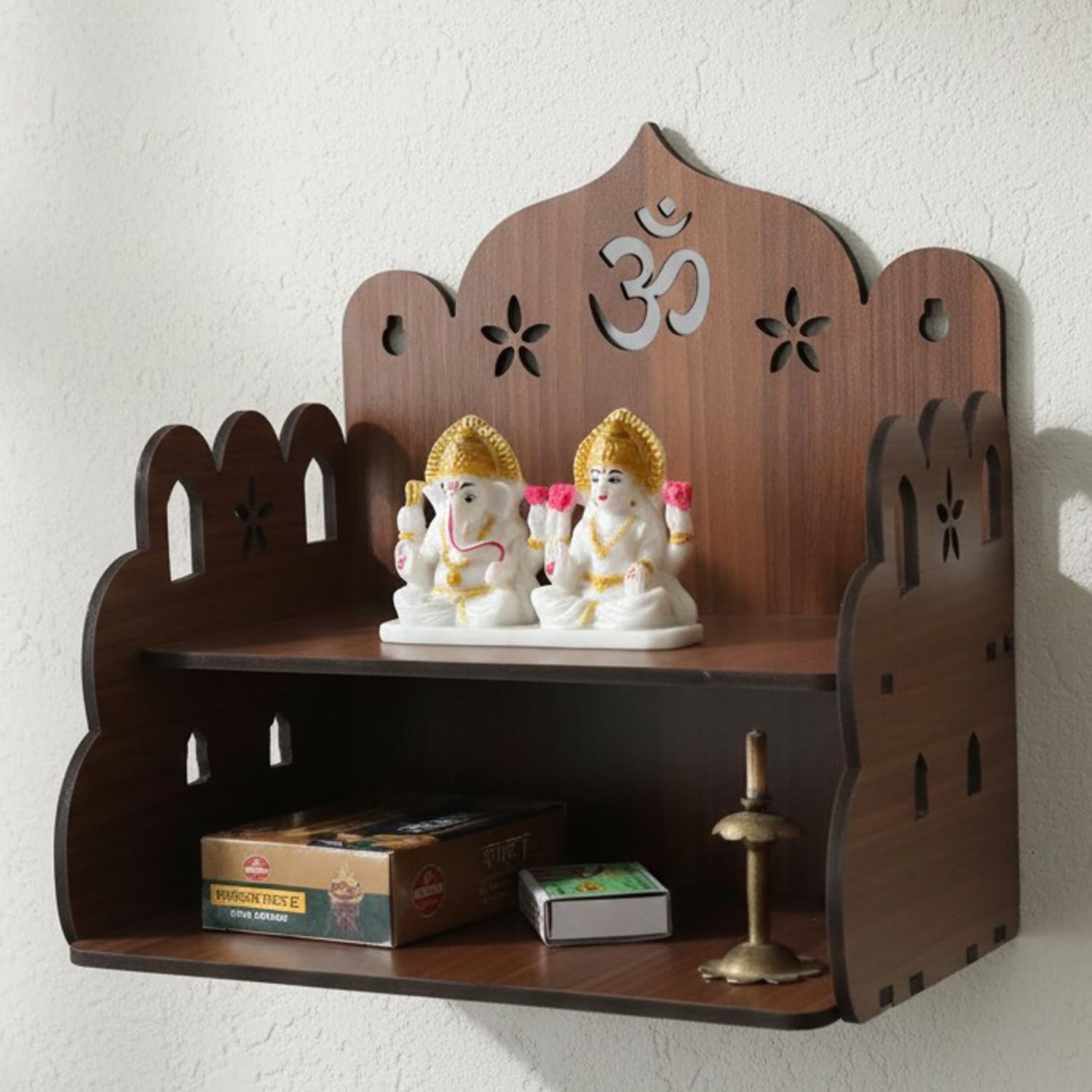 Bindian Wooden Wall Hanging Temple for Home & Office MDF Pooja Mandir (Om-2-Shelf)-image-20
