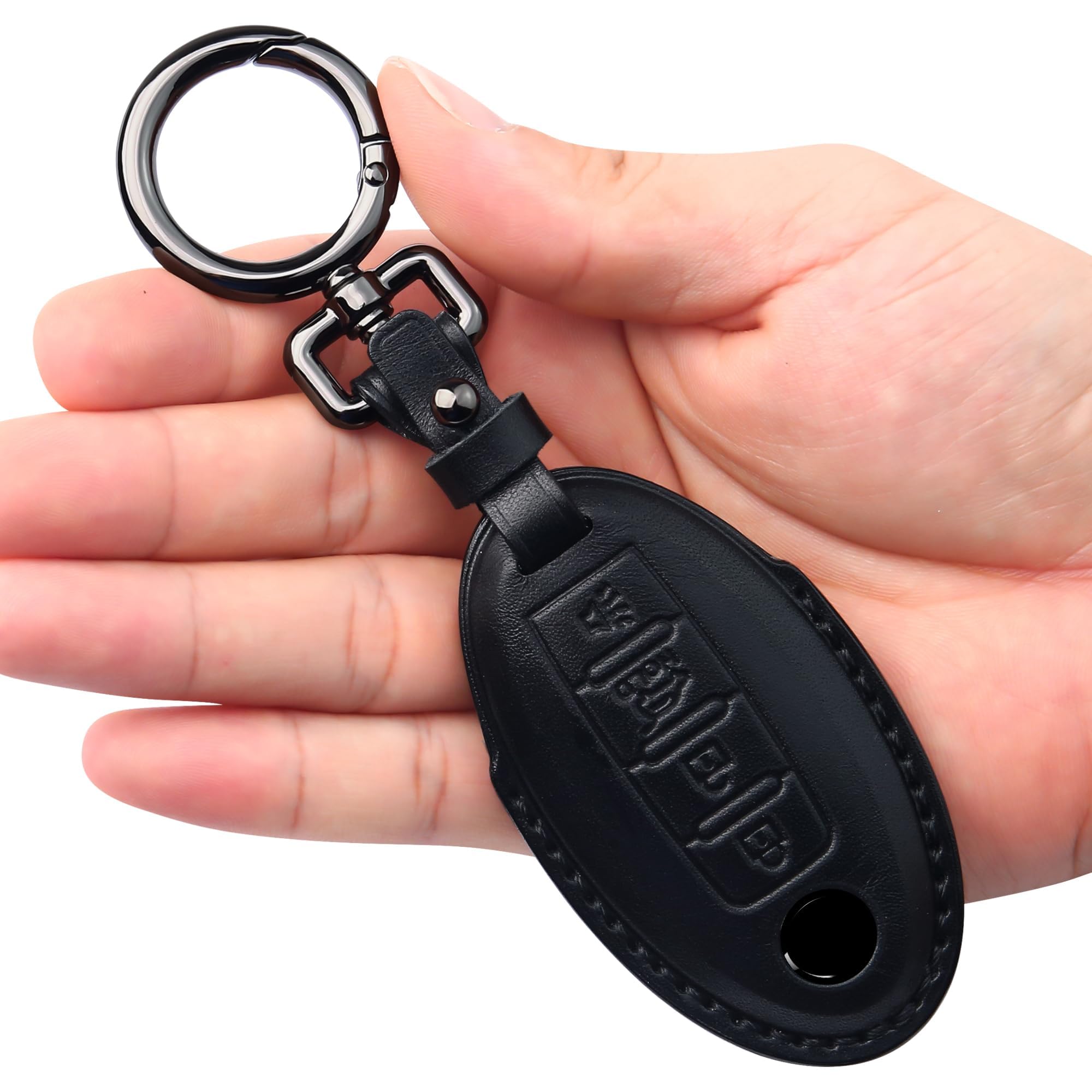 NOSKIN Leather Key Fob Cover with Keychain Key Shell for Nissan 4 Button Black