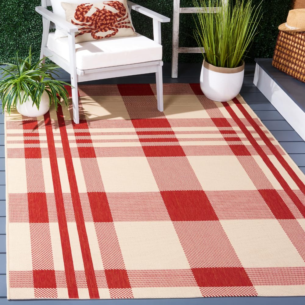 Safavieh Alfombra Contemporáneas para Sala de Estar, Comedor, Dormitorio - Courtyard Collection, Pelo Corto, Rojo y Hueso, 160 X 231 cm