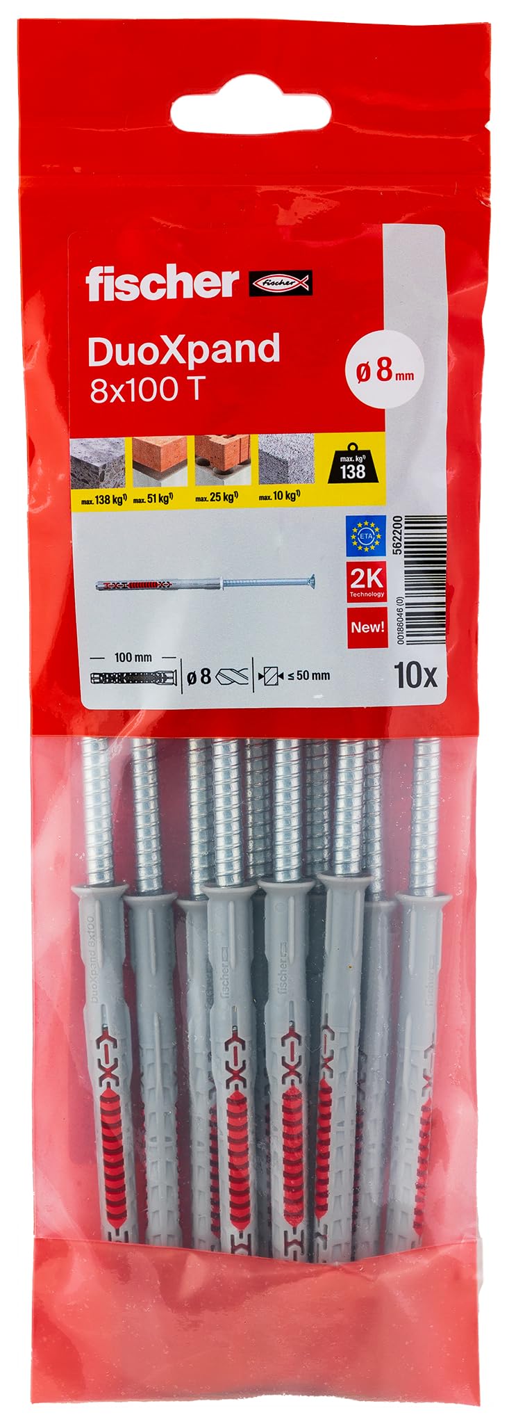 fischer DuoXpand 8 x 100 T, Universal Expansion Dowel with Galvanised Countersunk Screw (Pack of 10), Nylon & Flexible Material, Red, Ideal for Porous Building Materials & Close to Edge Anchors