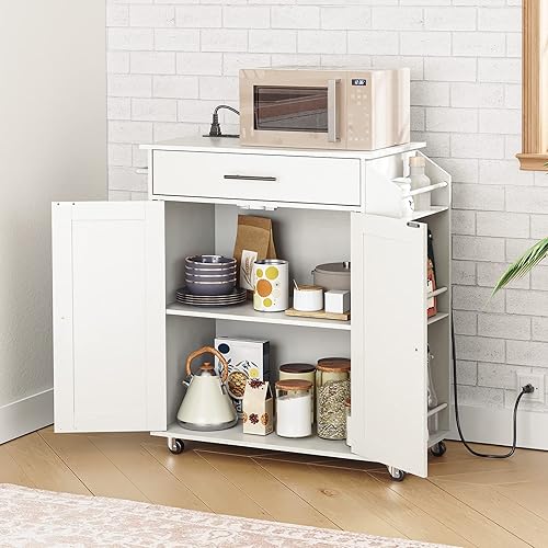 Miniatura 3 de HOOBRO Isla de cocina con toma de corriente, isla de almacenamiento de cocina con estante de especias y cajón, carrito de cocina rodante sobre