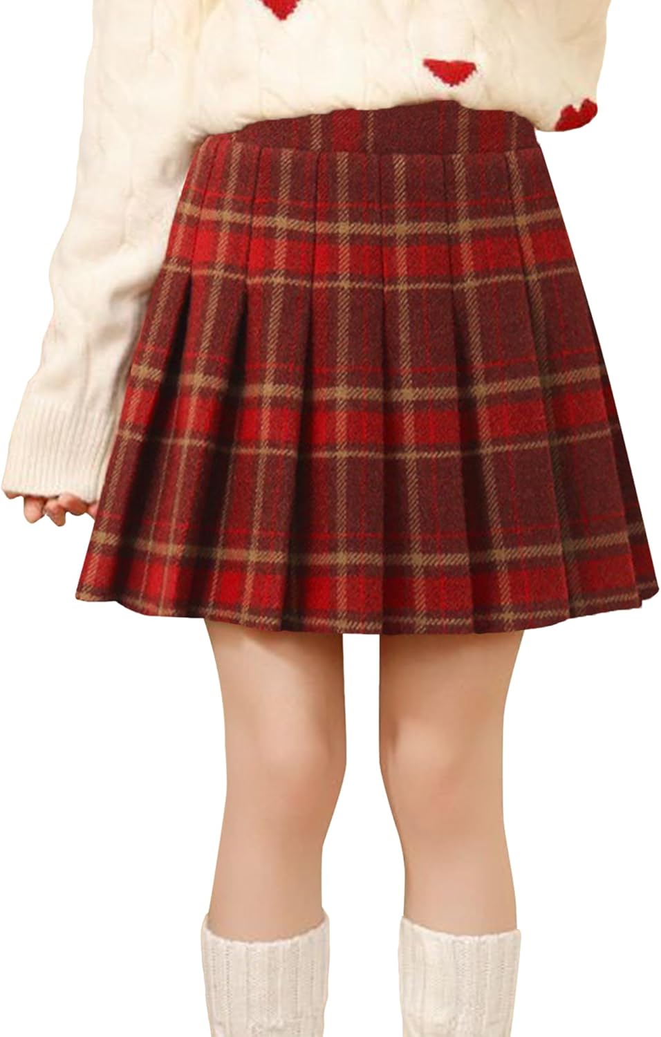 Happy Cherry Girls Plaid Pleated Wool Mini Skirts High Waist A Line Ruffle Flare Skirt 3-13Y