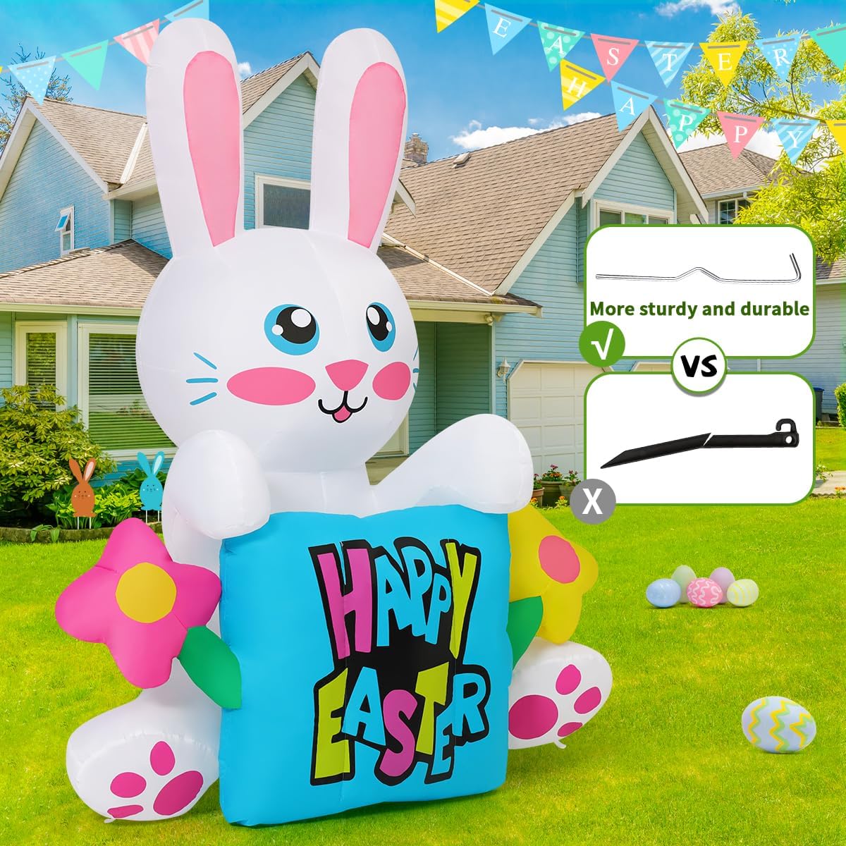 COMIN 5.2 FT Easter Blow Up Yard Decorations, Inflatable Easter Bunny Outdoor with Built-in LEDs for Indoor Party Garden Lawn Decor
