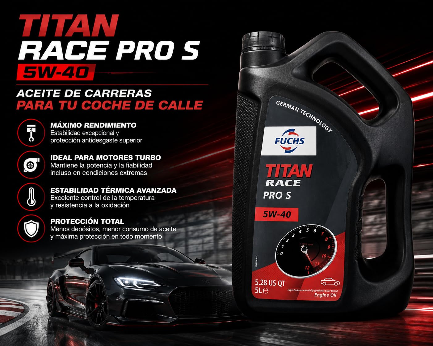 FUCHS TITAN RACE PRO S 5W-40 Aceite Motor 5L, 100% Sintético Ester/PAO, Alto Rendimiento, API SN/SM/SL, Motorsport, Track Day, Protección Antidesgaste, Motores Turbo y Deportivos