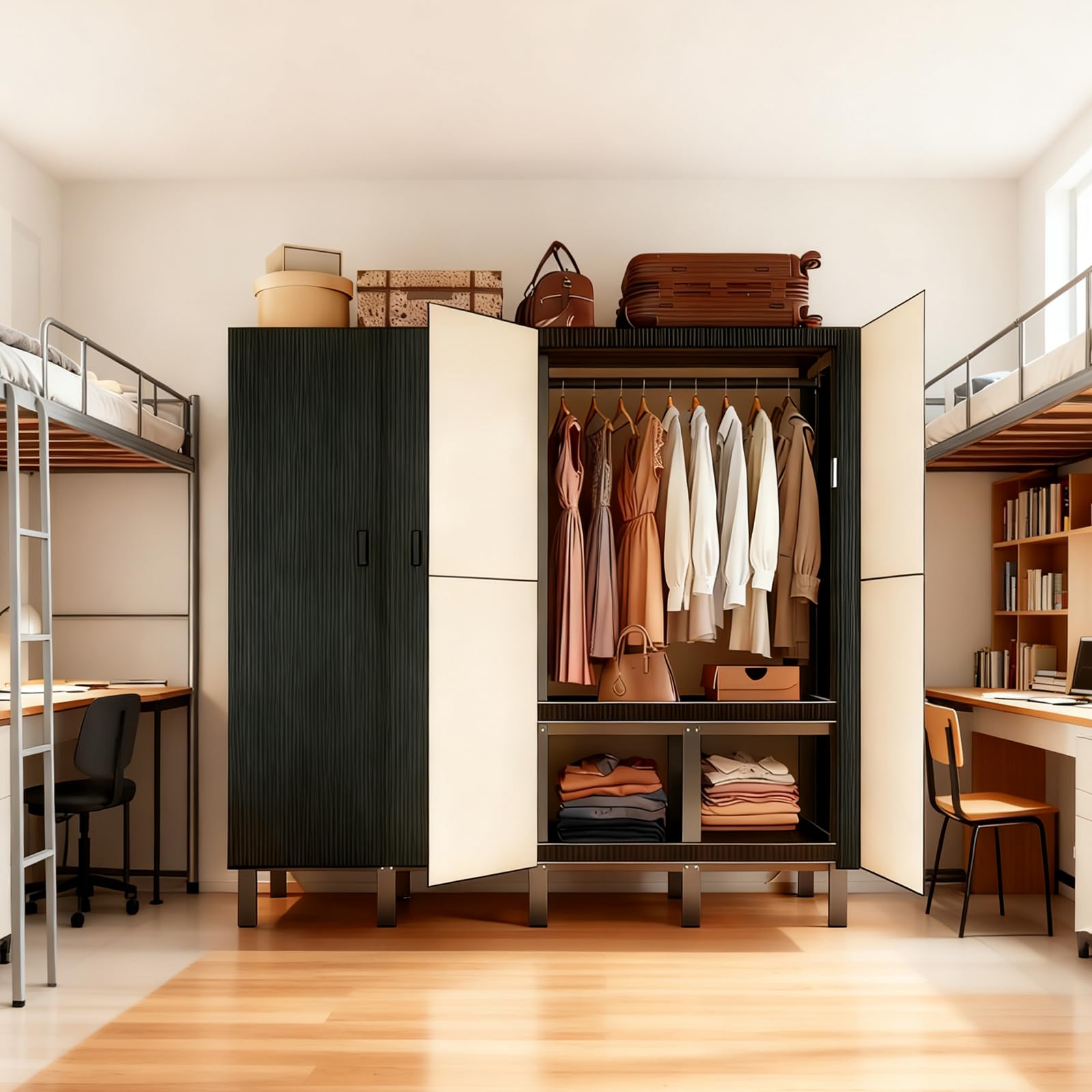 Faltbarer Kleiderschrank mit Magnettür, Tragbarer mit Großer Kapazität, Metall Faltschrank aus Stahlrohr, 500kg Tragfähigkeit, Garderobenschrank zum Aufhängen von Kleidung (Schwarz, 150cm)