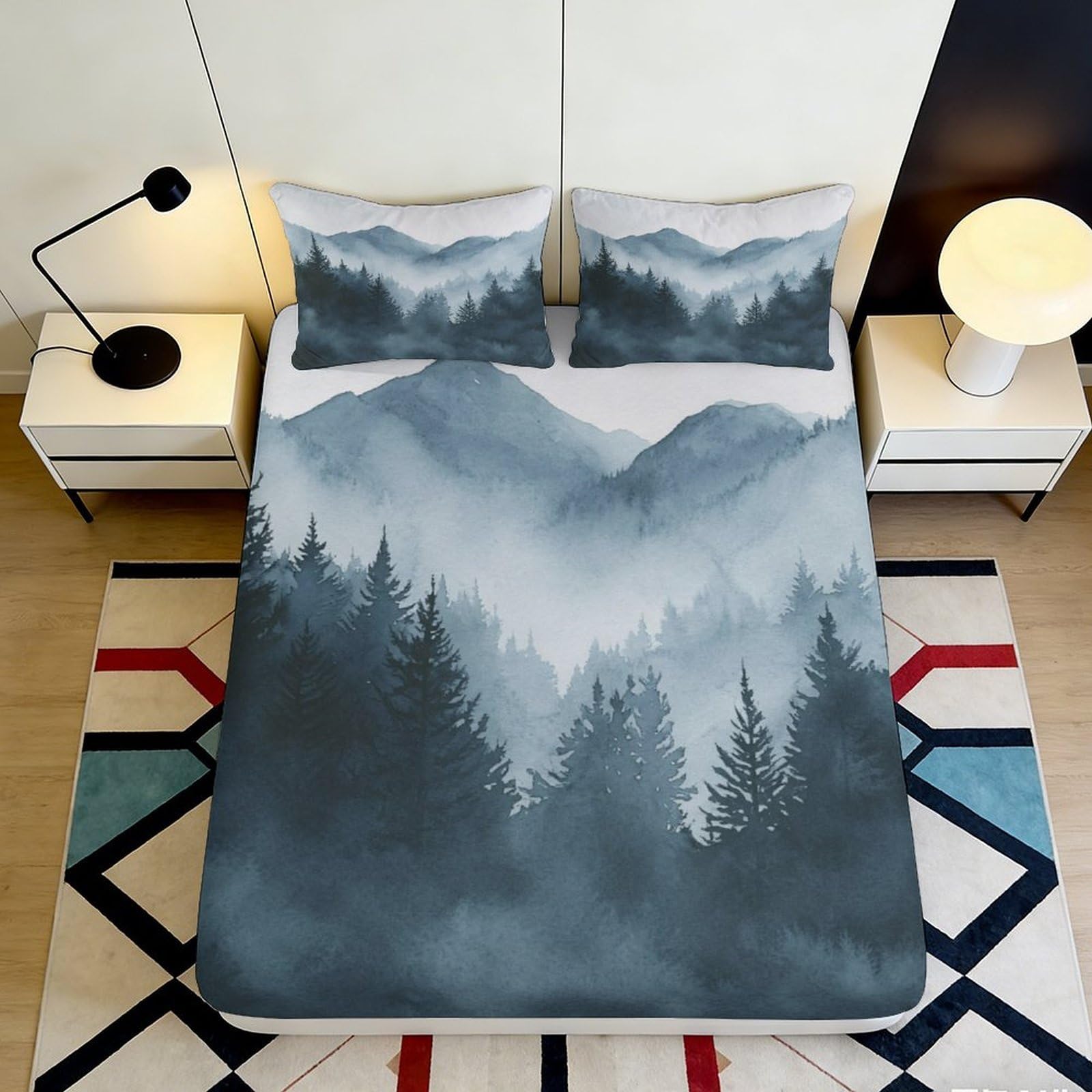 3D Printed Misty Mountain Fitted Sheet Microfiber Breathable Forest Landscape Bed Cover for Bedroom Guest Room Decor 90x200x25cm