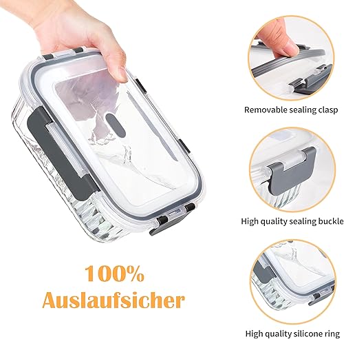 Miniatura 4 de 16 piezas (8 alimentos y 8 tapas), recipientes de almacenamiento de vidrio negro de 12.5 + 35.1 onzas con tapas, recipientes rectangulares de vidrio