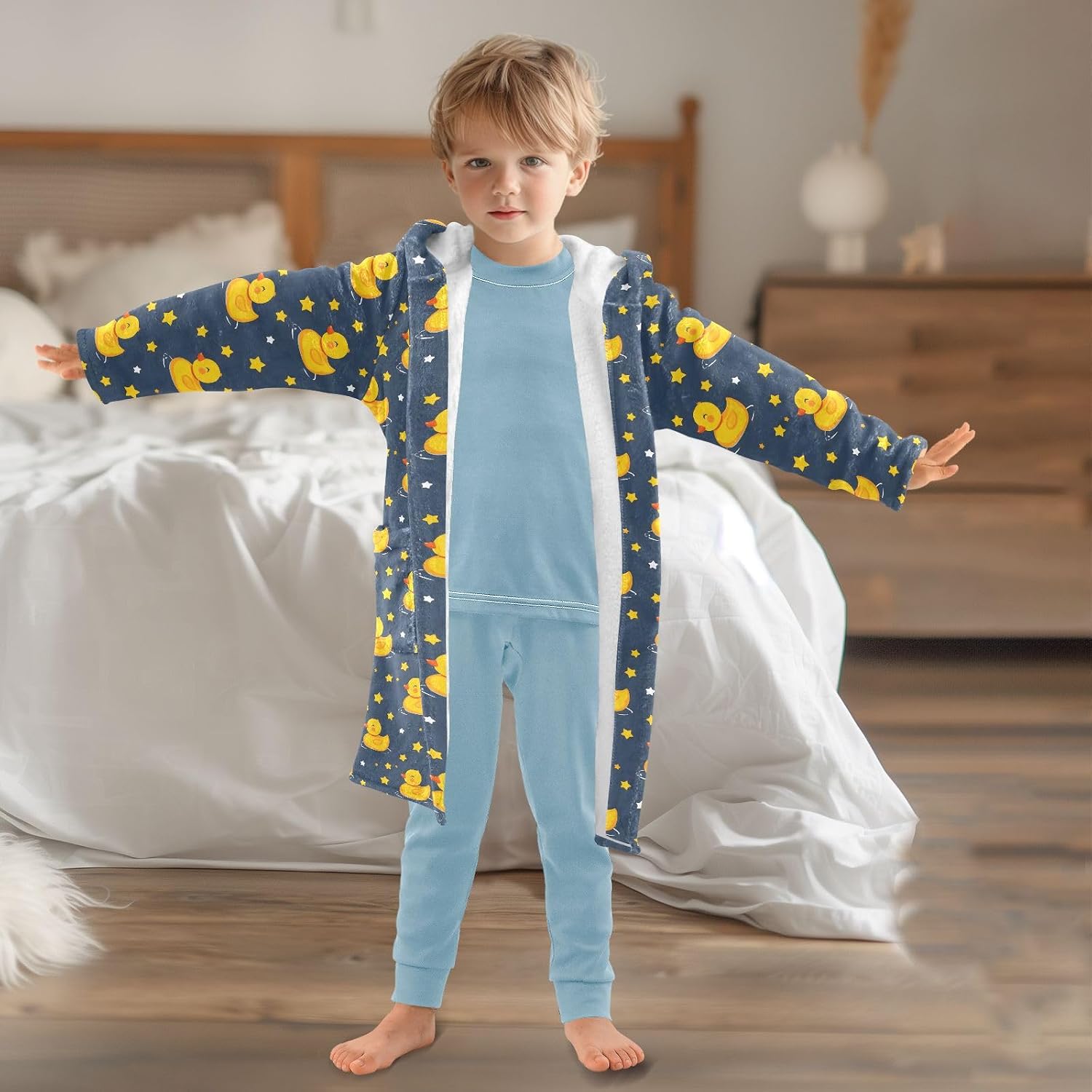 senya Cute Duck on Space Star Toddler Hooded Bathrobe Kids Soft Plush Bath Towel Robes for Boys Girls 2-12 Years