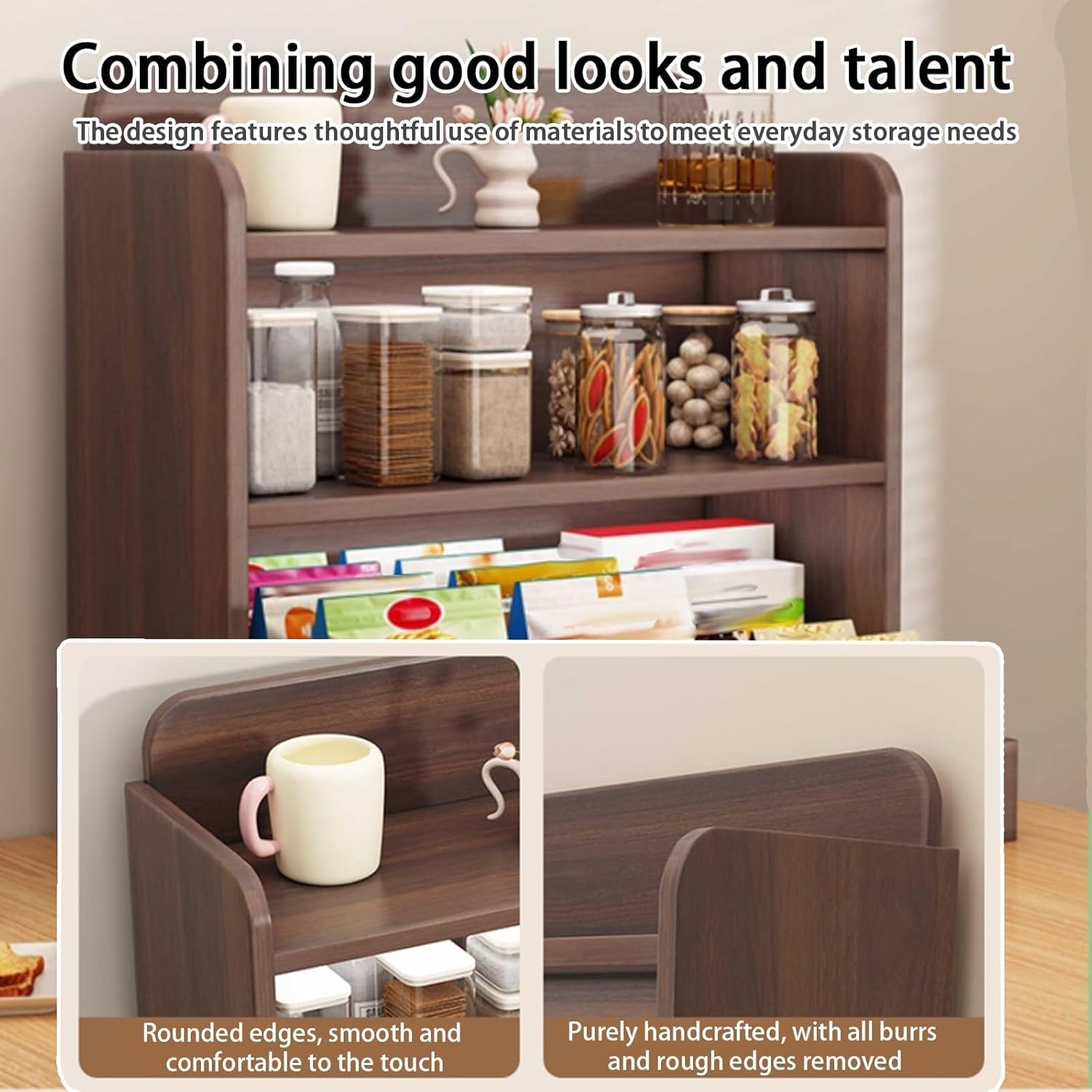 Organizador de madera para encimera y estante de almacenamiento, estante de despensa de 3 niveles, soporte para tazas de café para cocina, sala de estar, dormitorio, oficina