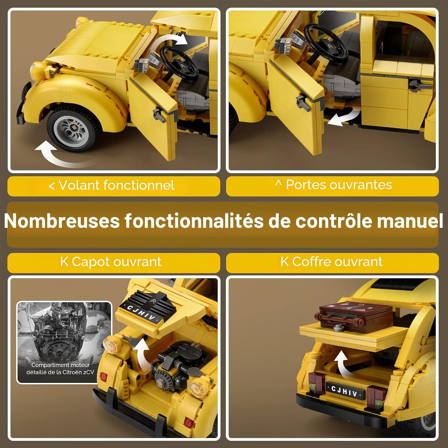 Rear view of the CaDA Citroën 2CV model showing detailed accessories like rearview mirror, luggage, and taillights