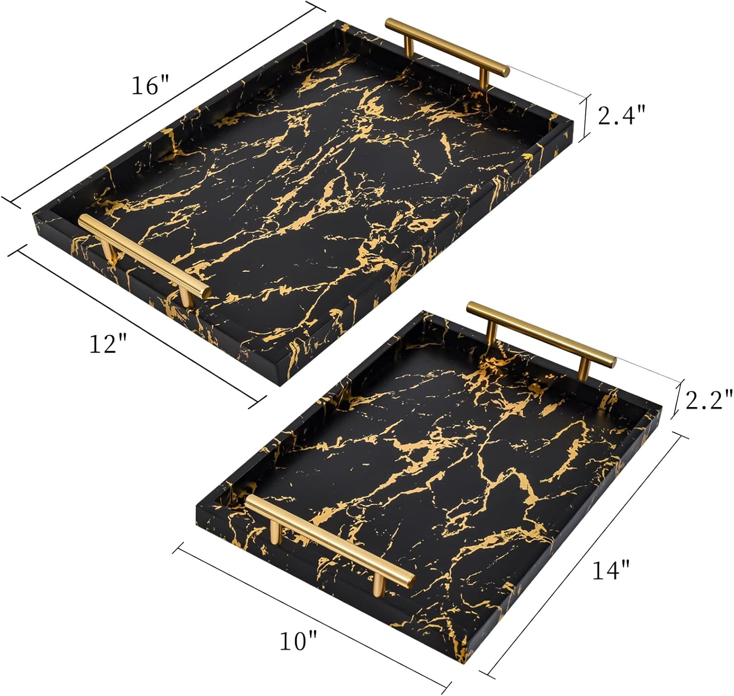 Modern Decorative Tray Set of 2 - Black and Gold Marble Wood Serving Tray with Gold Polished Metal Handles for Ottoman, Coffee Table, and More - Image 2