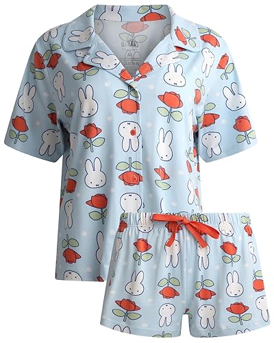 COCO BRANDS Miffy Womens Pajamas Set - 2 Piece Short Sleeve Sleep Shirt and PJ Shorts Women's Sleepwear Set (Sizes: S-XL) - Miffy Flower Blue - X-Large