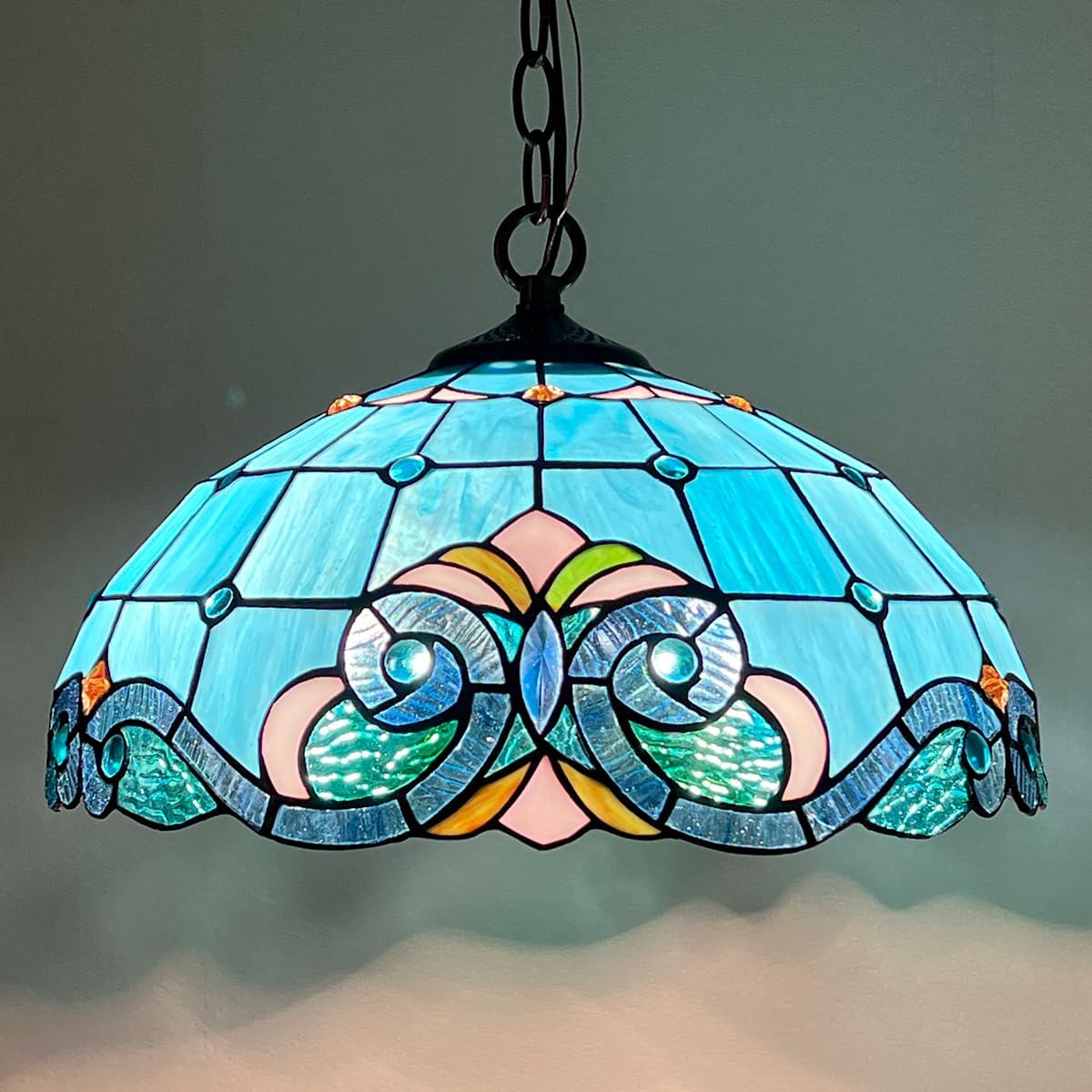 Tiffany Style Pendant Light Fixture 16" Stained Glass Hanging Lamp with Metal Chain for Dining Room Kitchen Bedroom - E26 Base 2 Lights