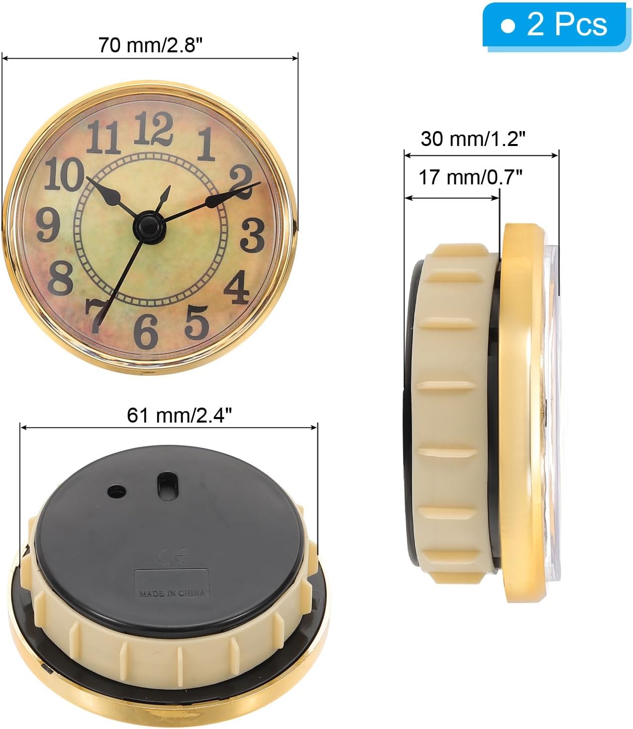 PATIKIL 2.8" 70mm Quartz Clock Insert, 2 Pcs Round Quartz Movement Miniature Clock Mini Arabic Numeral Clock Fit 61mm/2.4" Diameter Hole for Replacement Home, Gold Tone/Yellow, Style 7