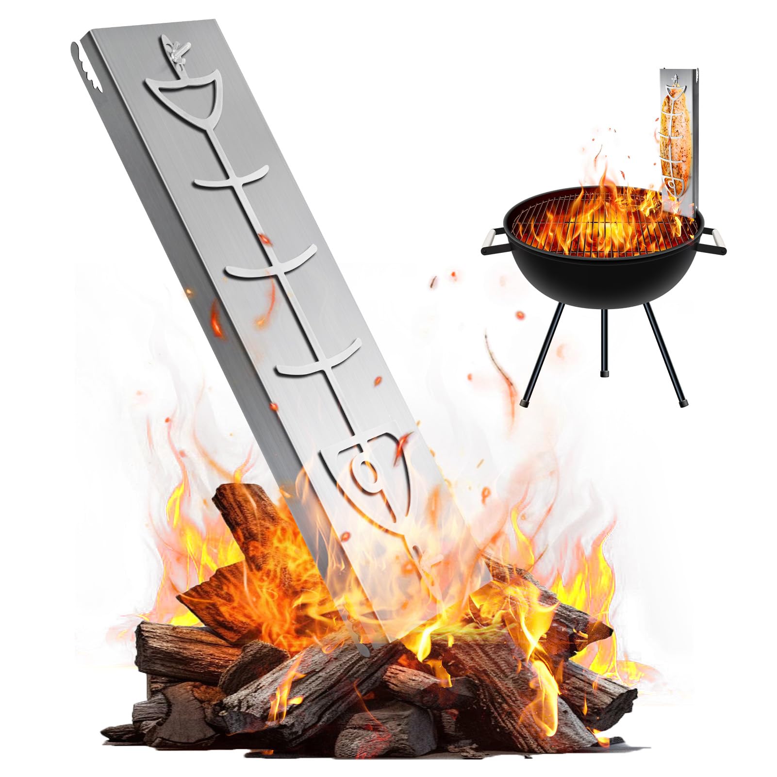 Flammlachsbrett Lachsbrett aus Edelstahl für Feuerschale und Kugelgrill Grill Feuerstelle Feuerschalen | Flammlachsbretter mit Halterung 180° Wendefunktion 5 Fach Verstellbar 58.5X16cm