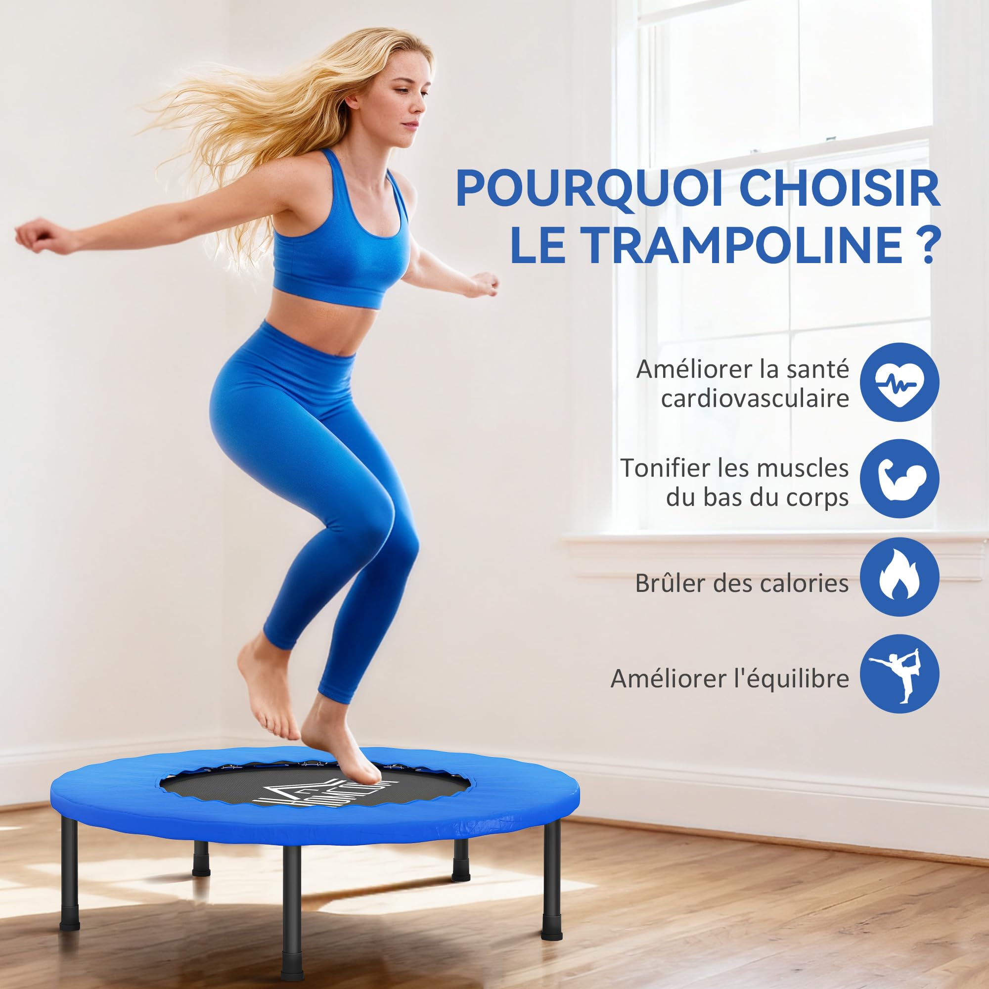 HOMCOM Mini Trampoline de Fitness, Ø 81 cm, Trampoline d'exercice avec Pieds antidérapants, capacité de 100 kg, Usage intérieur/extérieur, pour Gymnastique, entraînement, Bleu et Noir