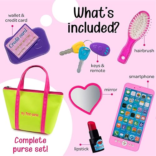 Miniatura 2 de My First Purse - Bolsa de mano de juguete para niños, incluye llaves de teléfono, espejo, cepillo, cartera, tarjeta de crédito, lápiz labial, gran
