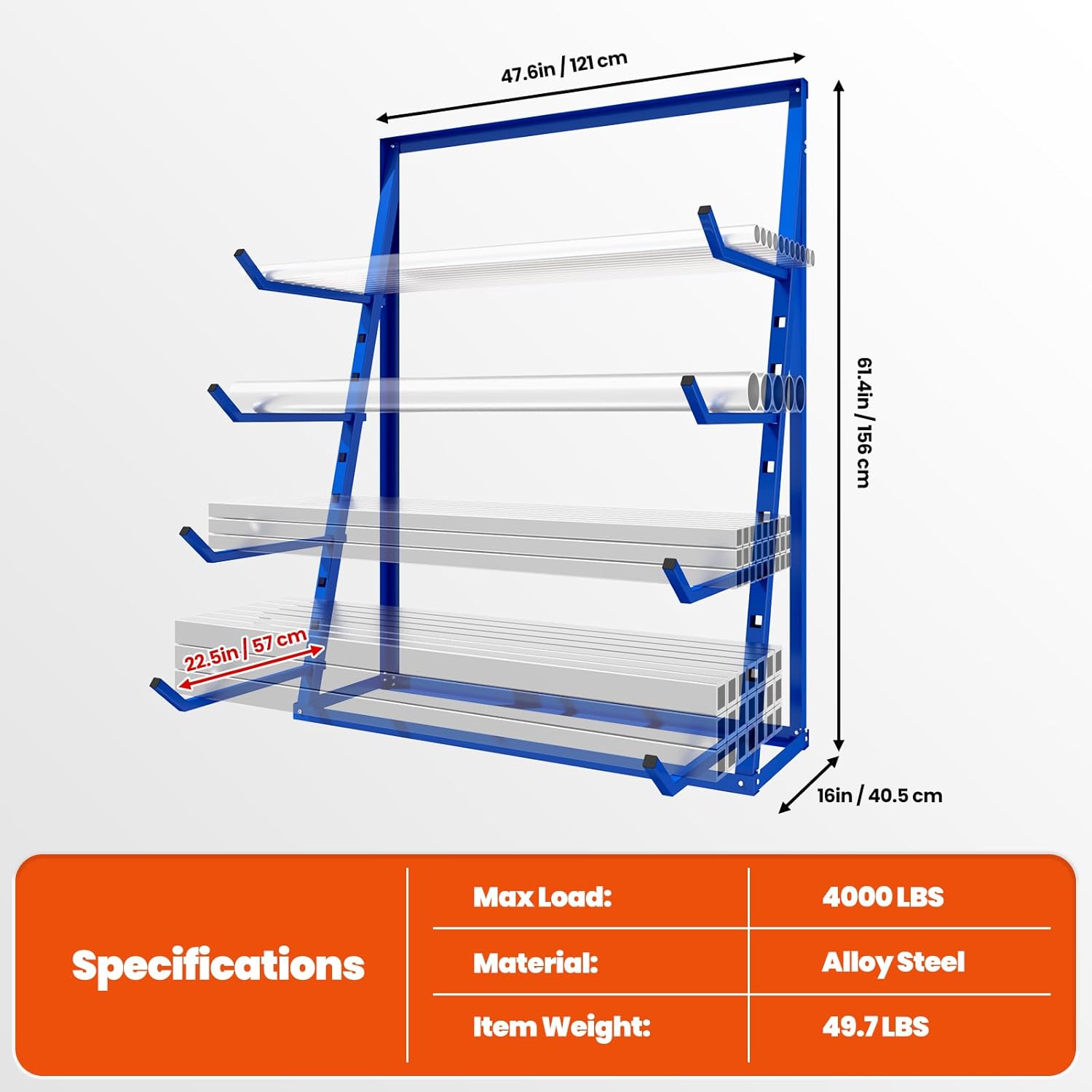 4000 LBS Industrial Cantilever Rack, Heavy Duty Metal Lumber Storage for Warehouse, Alloy Steel Pipe Conduit Organizer, 4-Tier Horizontal Shelving System