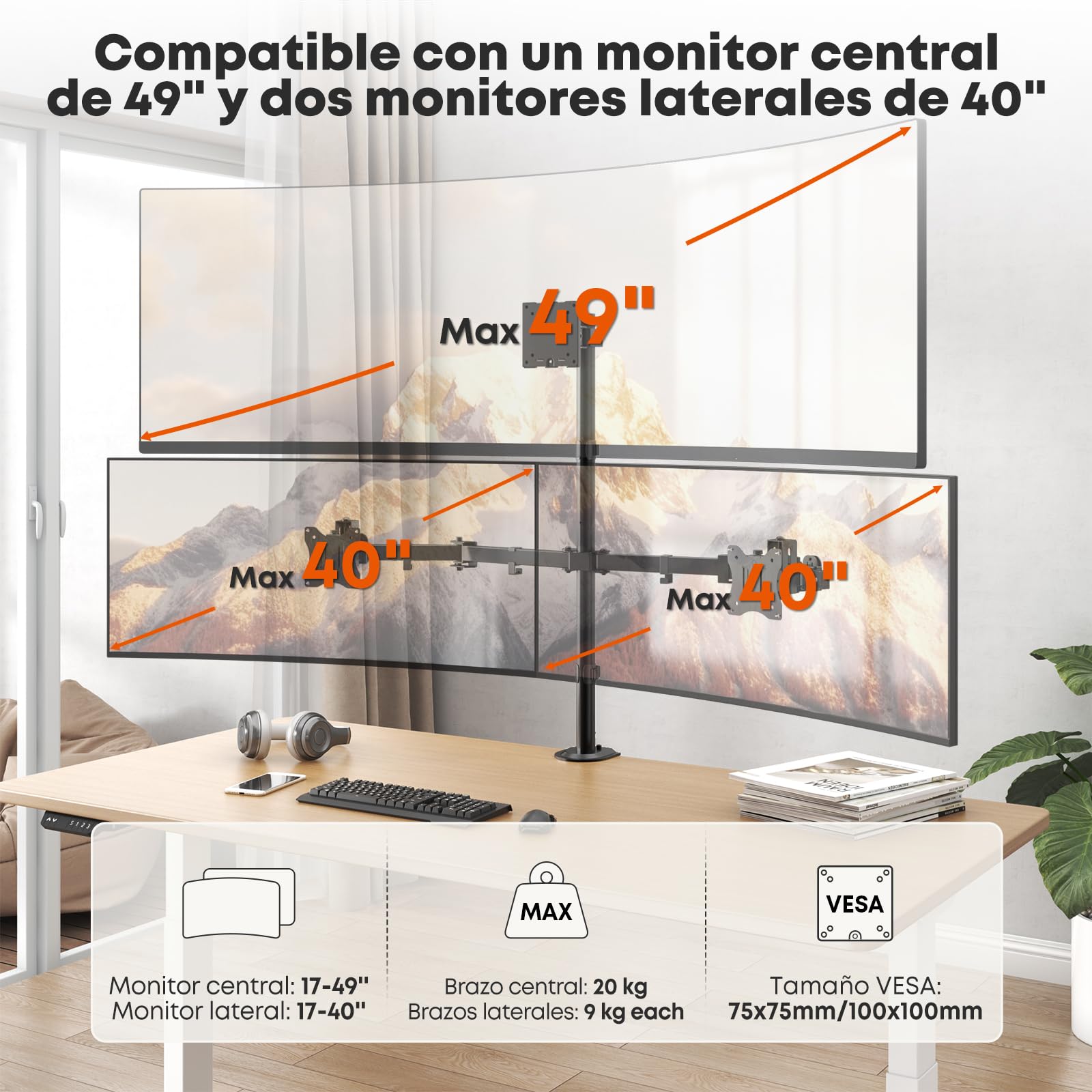 Soporte para monitor 3 monitores de hasta 49" y 2 x 40, ajustable VESA
