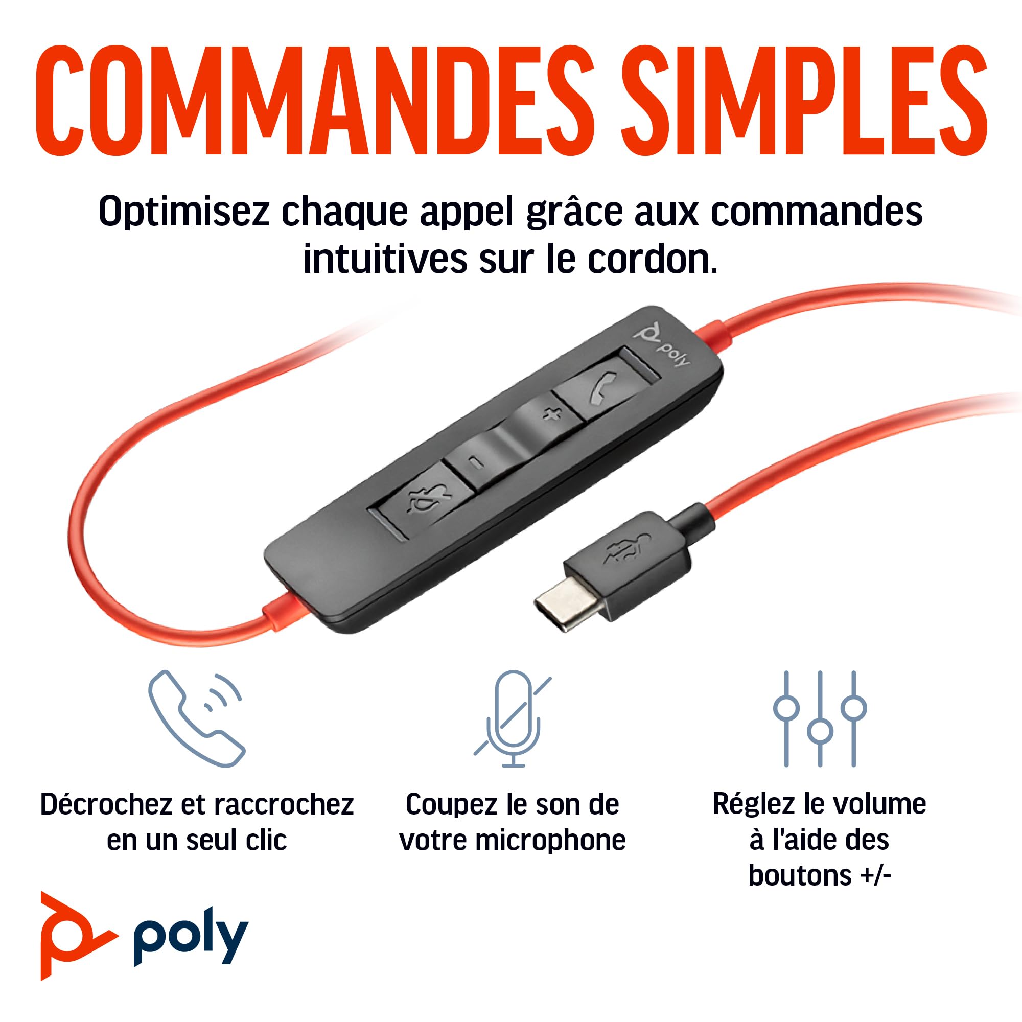 Micro-casque filaire Poly Blackwire 3310 – Perche de microphone flexible – Conception monaurale – Connexion à un PC/Mac via USB-C ou USB-A – Fonctionne avec Teams, Zoom