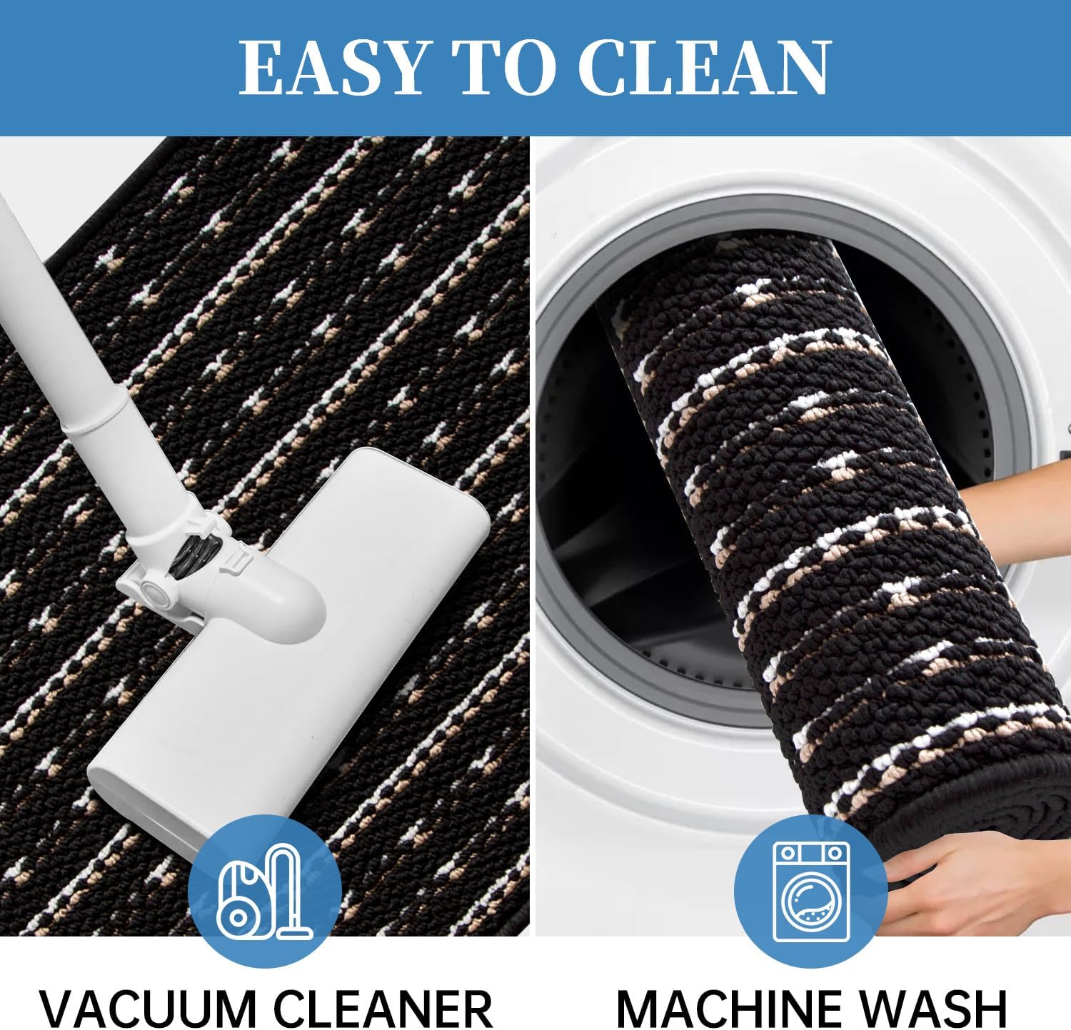 eqivei Kitchen Rugs Washable Non-Skid 2-Piece Set, 20"x47" + 20"x32" Absorbent Soft Floor Mats for Kitchen Sink & Entryway, Decorative Runner, Easy Clean Anti-Fatigue Comfort (Black)