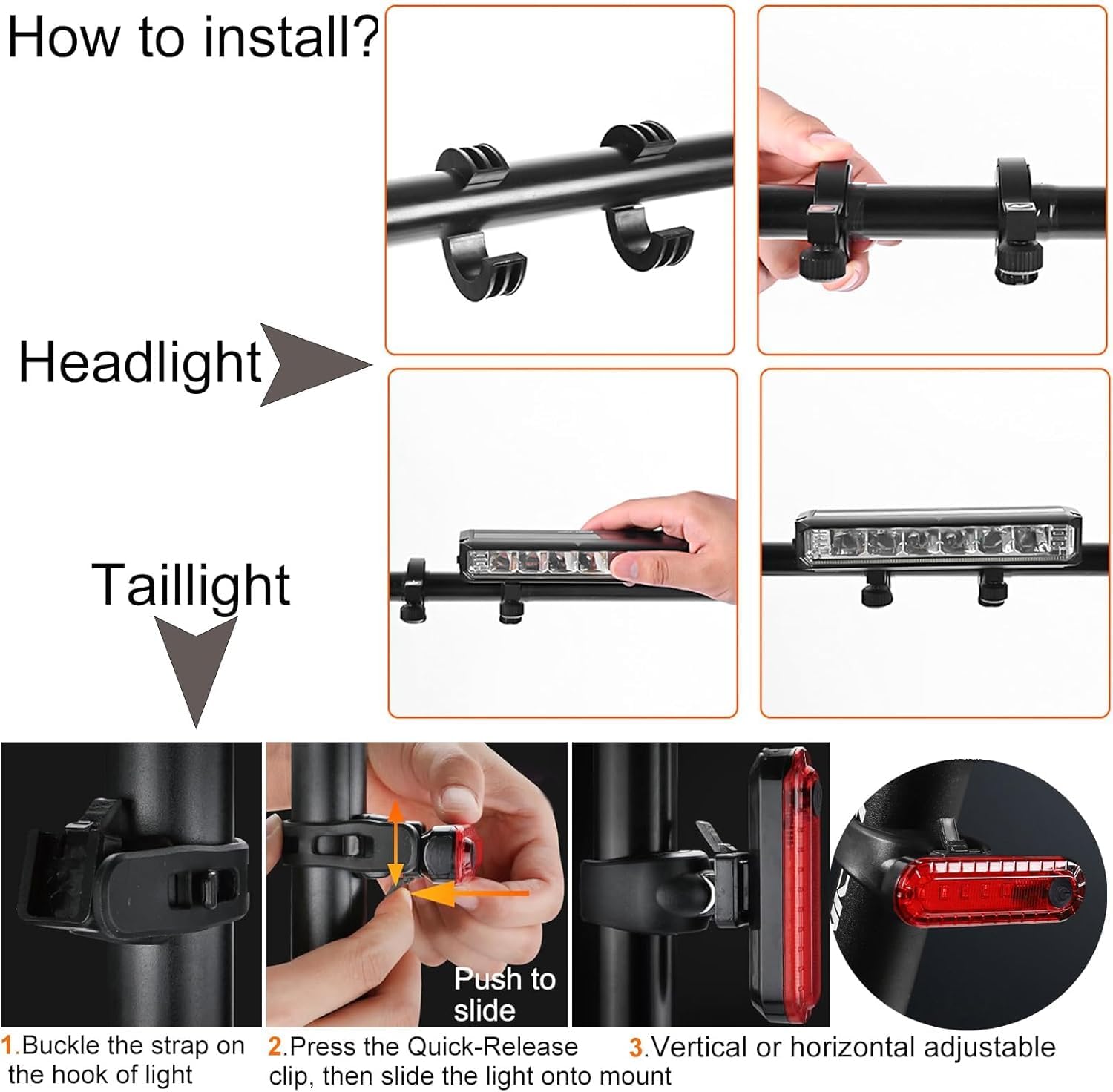 Kit d'éclairage de vélo 1400 lm en aluminium LED avant + feu arrière rechargeable Noir