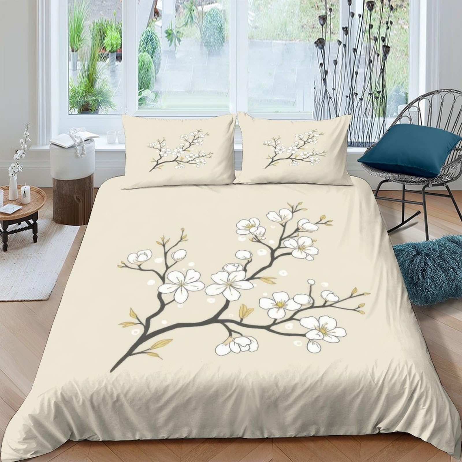 Ctjqhvkz Style-5 3D Printed White Plum Blossom Fitted Sheet Microfiber Soft Breathable Beige Branch Mattress Cover For Bedroom Decor Single（135X200cm）